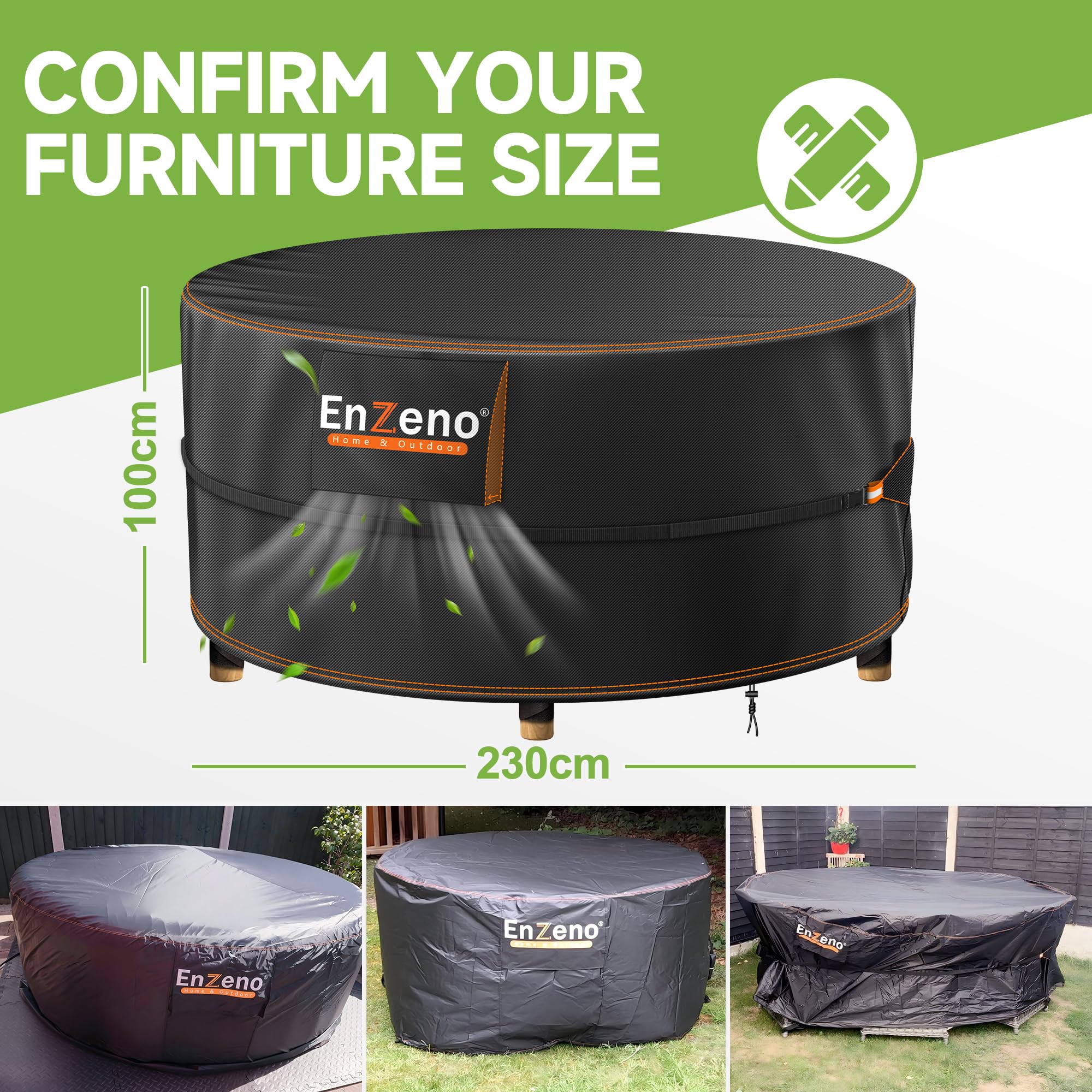 Enzeno Garden Table covers with Vents, Garden Furniture Cover,Round Outdoor Patio Covers 420D Oxford Fabric Large Patio Set Cover Heavy Duty Waterproof Ripstop with 4 Windproof VelcroStraps,230x100cm — view 2