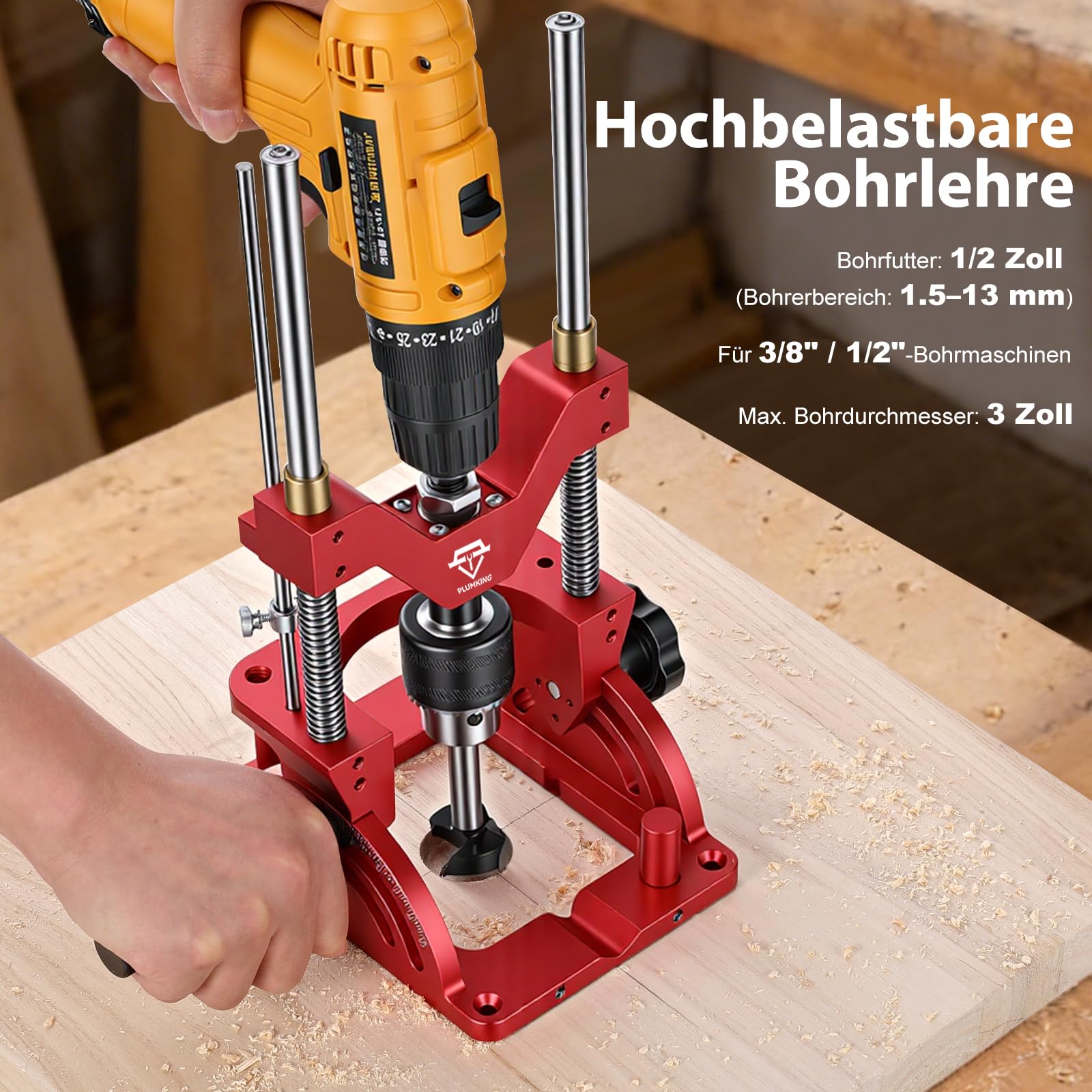 Tragbare Bohrhilfe zum präzisen Bohren im Winkel oder gerade, 0° bis 60° Winkel-Bohrlehre, Bohrständeradapter für Handbohrmaschine, tragbarer Bohrständer mit 1/2" Bohrfutter