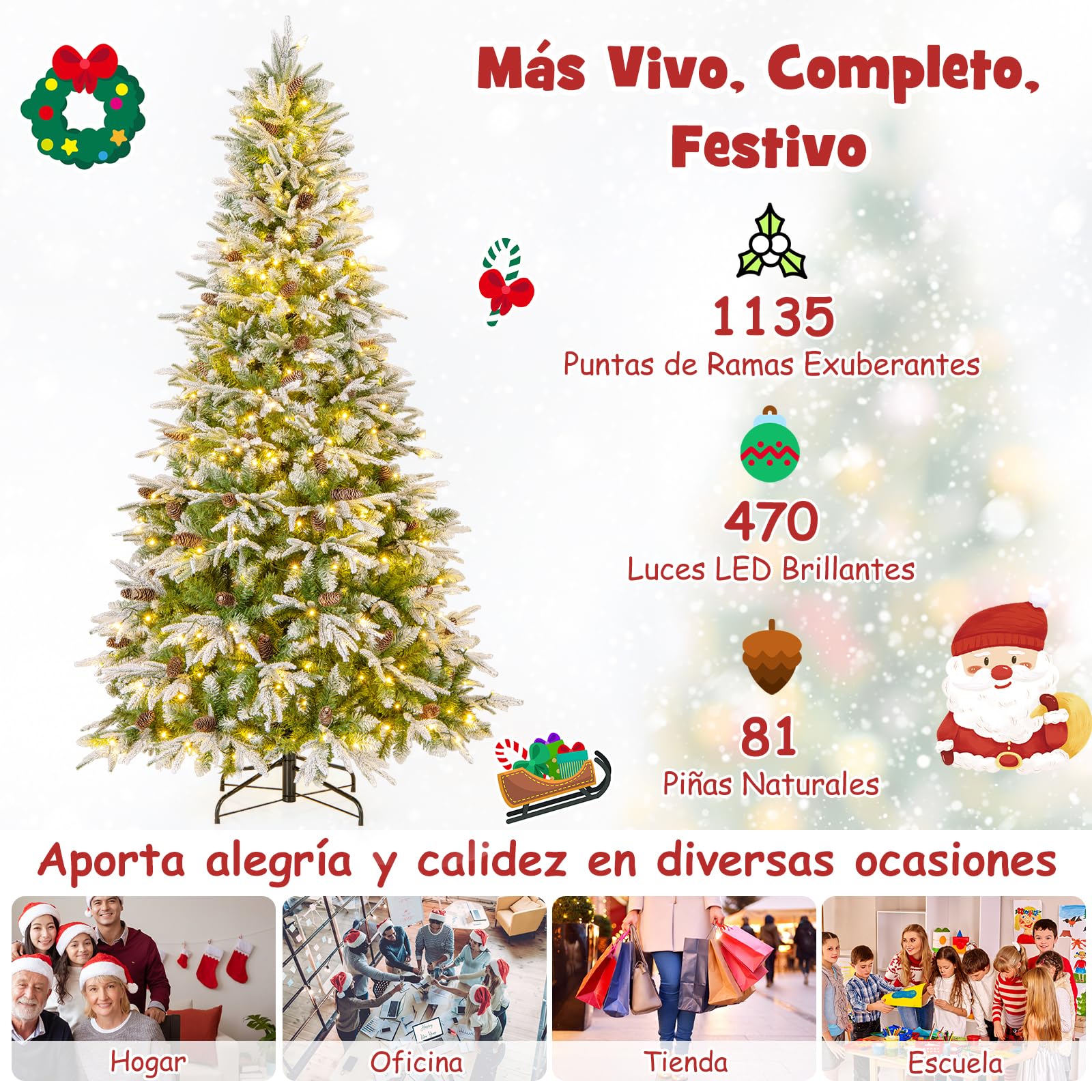 COSTWAY Árbol de Navidad Nevado 225 cm, Arbol de Navidad con Luces Incorporadas, 470 Luces LED Blanco Cálido, 81 Piñas, 1135 Ramas de PE y PVC, Arvore de Natal Hogar Oficina Fiesta (225cm)