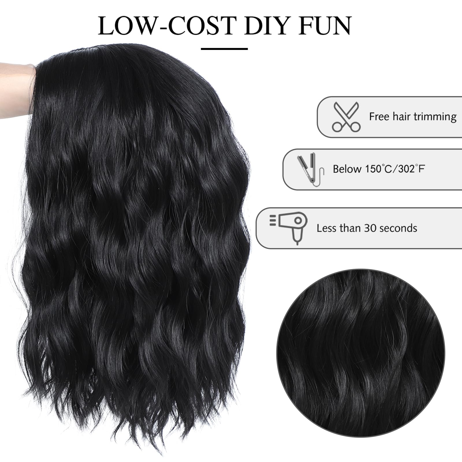Yamel Wavy Bob Wig Natural Black Synthetic Hair Shoulder Length 14 Inch Short Curly Middle Part Lace Front Wigs for Women - Image 3