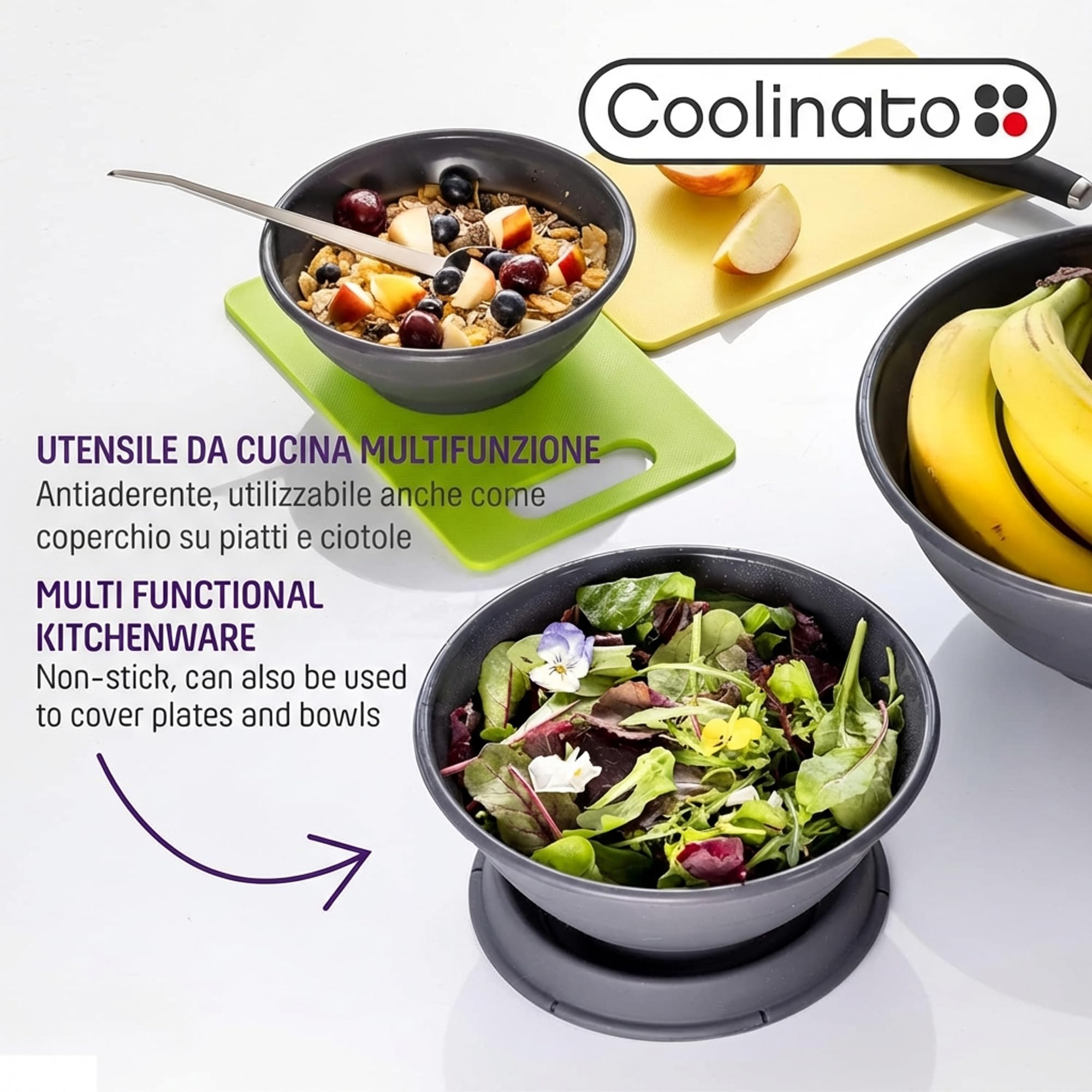 Coolinato - Ciotola pieghevole silicone platinico 24 cm grigio - Scodella richiudibile da campeggio per conservare, servire e mantenere fresco cibo - Resistente al calore e lavabile in lavastoviglie