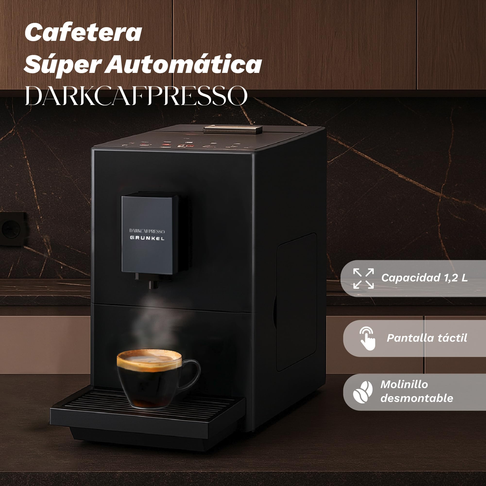 Grunkel DARKCAFPRESSO, Cafetera Súper Automática, 20 Bares, 1,2L, Molinillo Desmontable, Pantalla Táctil