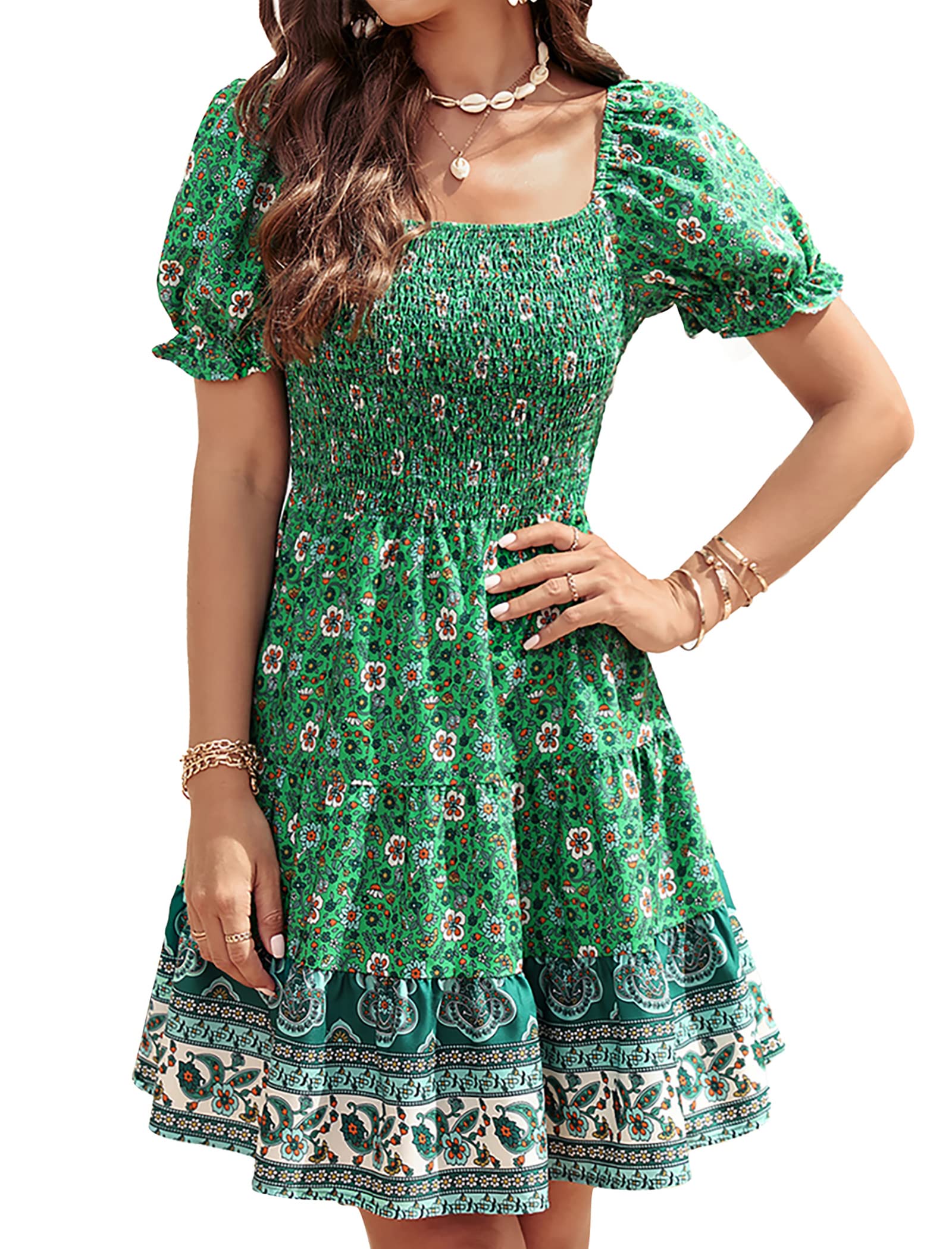 Photo 1 of KIRUNDO 2023 Summer Women's Square Neck Smocked Floral Dress Boho Off Shoulder Tiered Ruffle Flowy Mini Short Dresses X-Large Style2-green