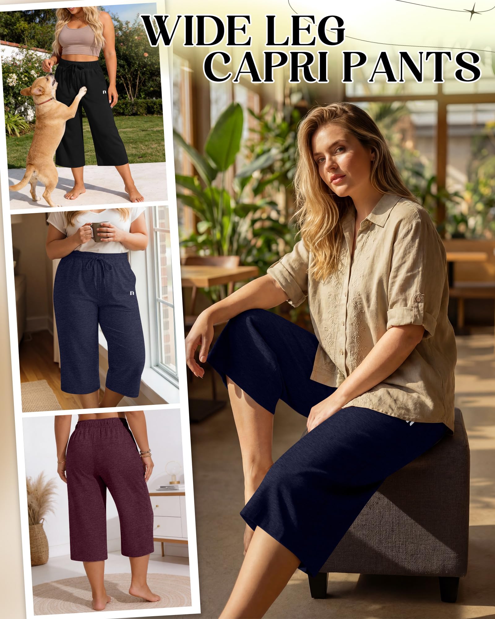 Neer 3er-Pack Damen-Caprihosen in Übergröße, Weite, lockere Hosen, lässige Capri-Jogginghosen mit Kordelzug und Taschen