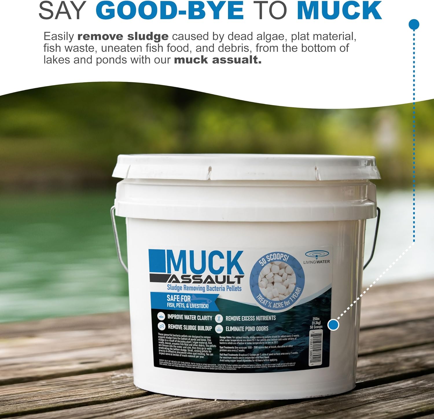 Muck Assault Sludge Remover Pellets - Natural Muck Digester with Beneficial Bacteria Enzymes to Clear Murky Water and Remove Pond Odor - Safe for Aquatic Life & Recreation (25 lbs.)