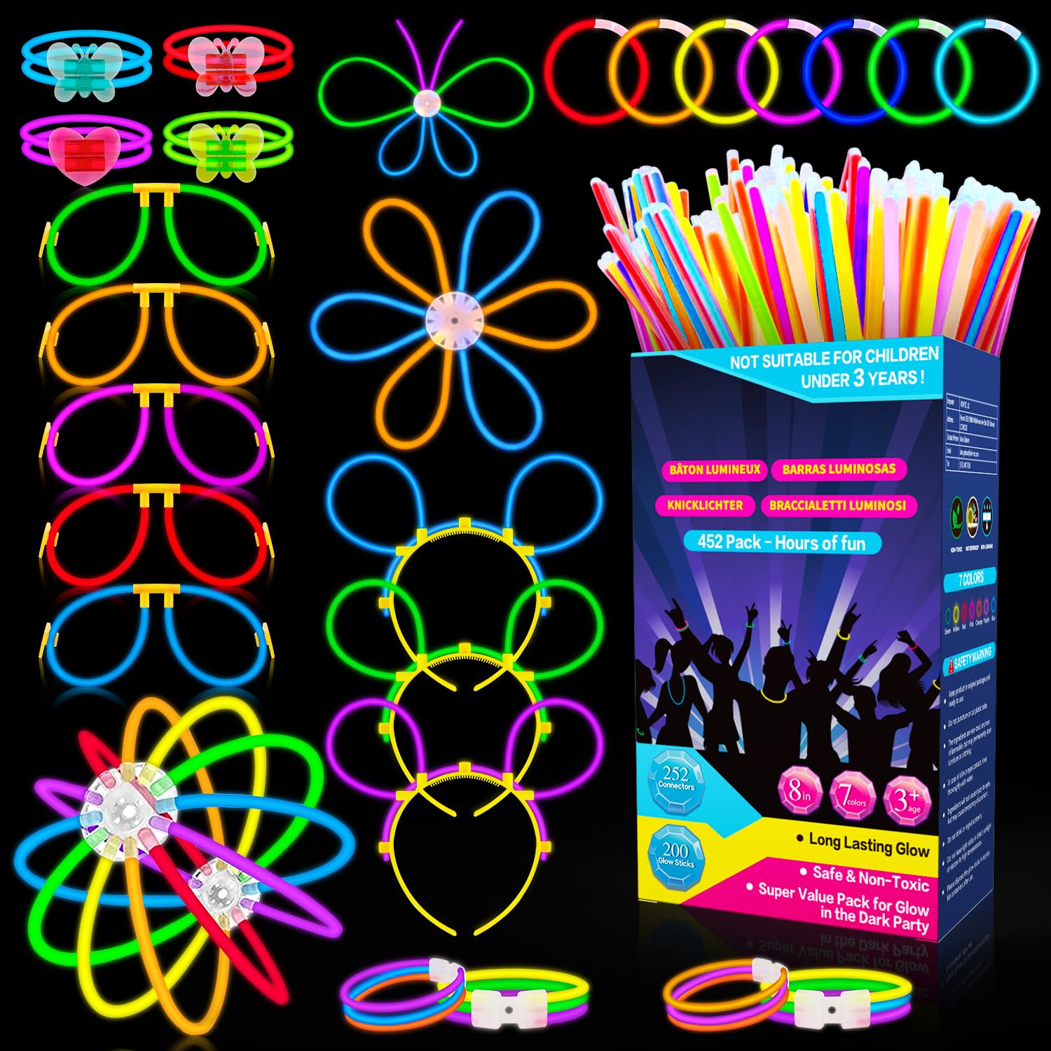 Millegu Pulseras Luminosas Fluorescentes, 452 Pack Fiesta, 200 Neon Palos Luminosos & 252 Conectores para Crear Pulseras Gafas Collares, Fiesta Nochevieja Navideña Decoracion Cumpleaños Niños Adultos