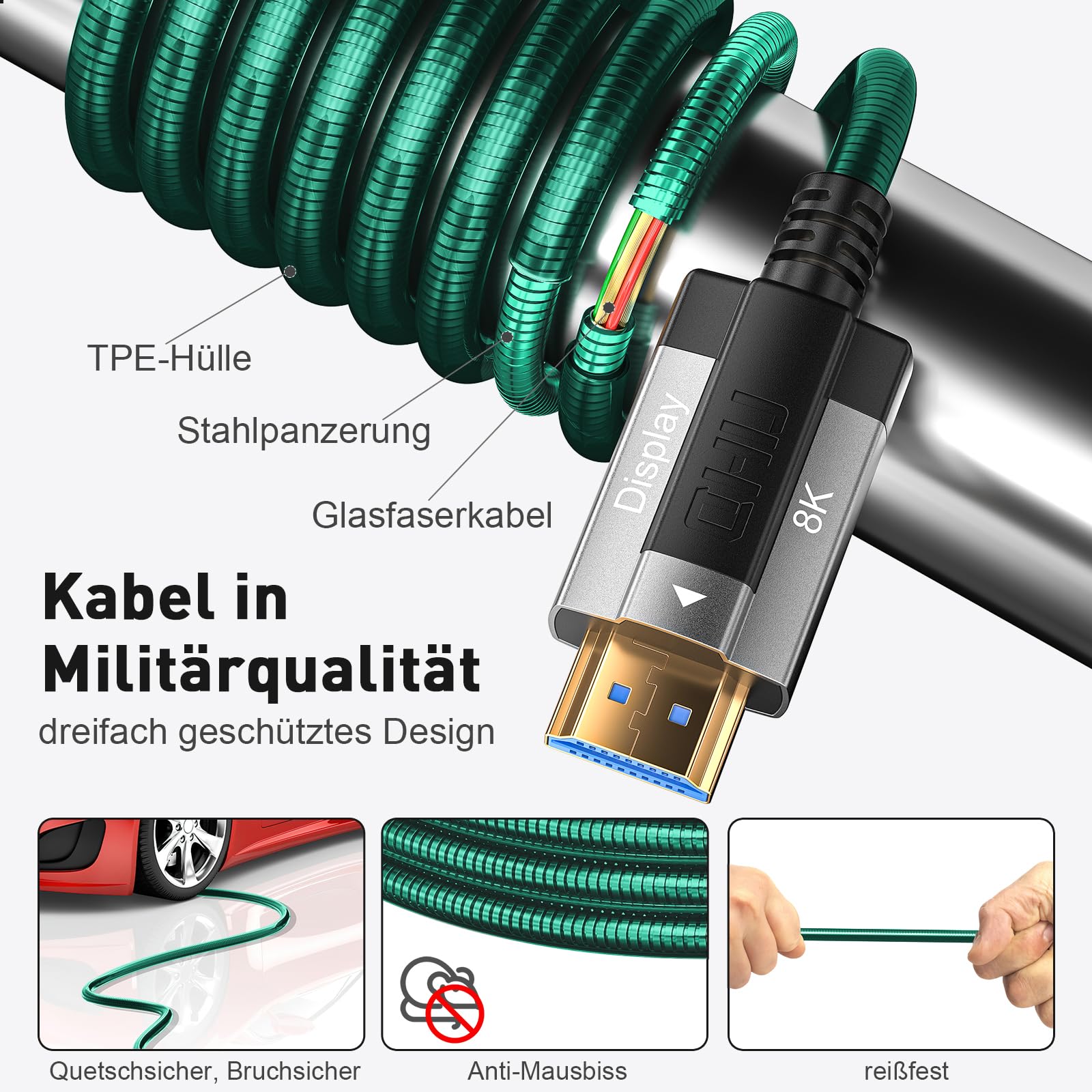 Cable de fibra óptica 8K HDMI 30M, blindaje de acero óptico HDMI 2.1, 48 Gbps, ultra alta velocidad, 8 K @ 60 Hz, 4 K @ 120 Hz, Dynamic HDR eARC Dolby HDCP 2.2 y 2.3 para HDTV/proyector/cine en