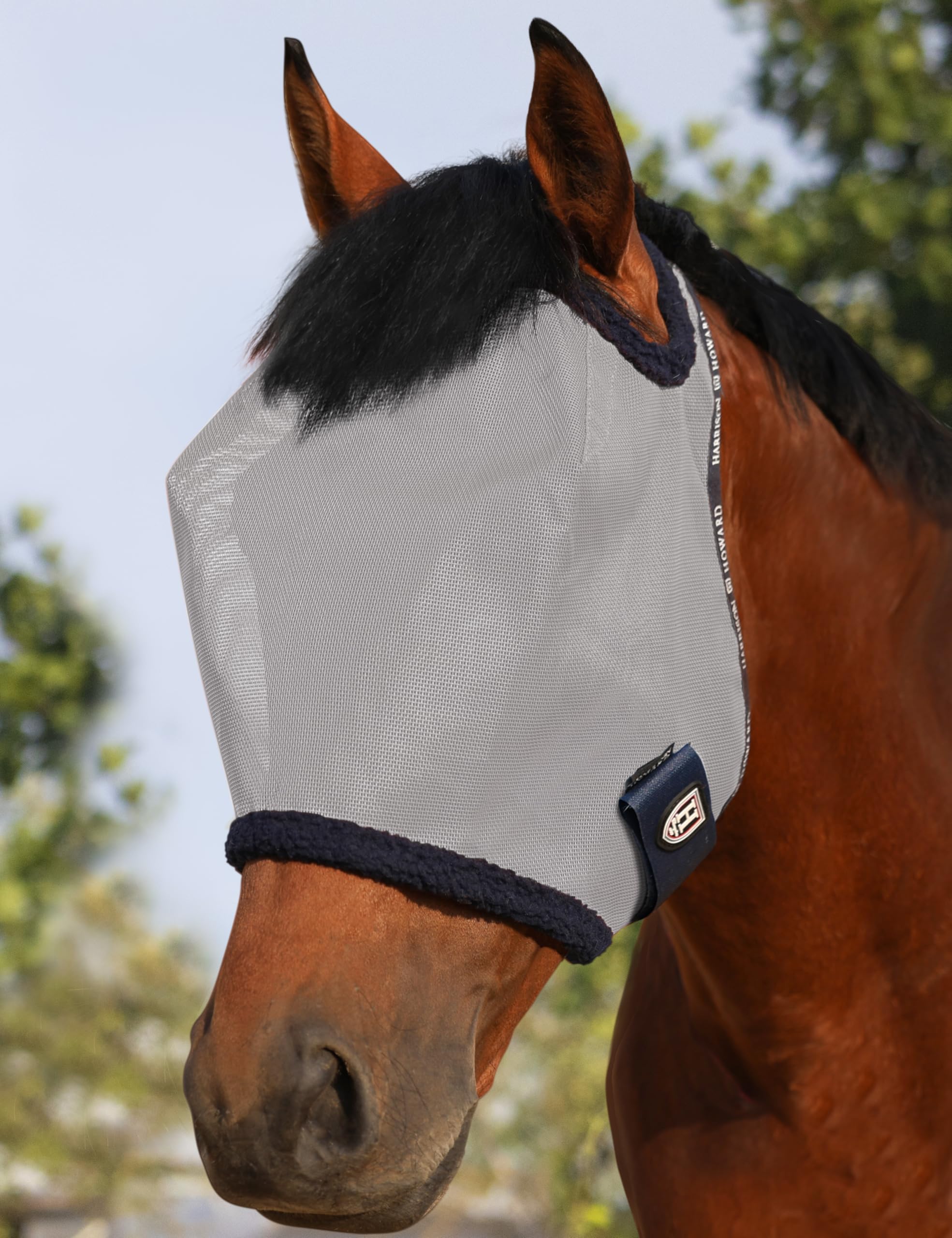Harrison Howard Horse Fly Mask Mesh UV Protection with Fleece Padded Border Grey Large, Full (Large)