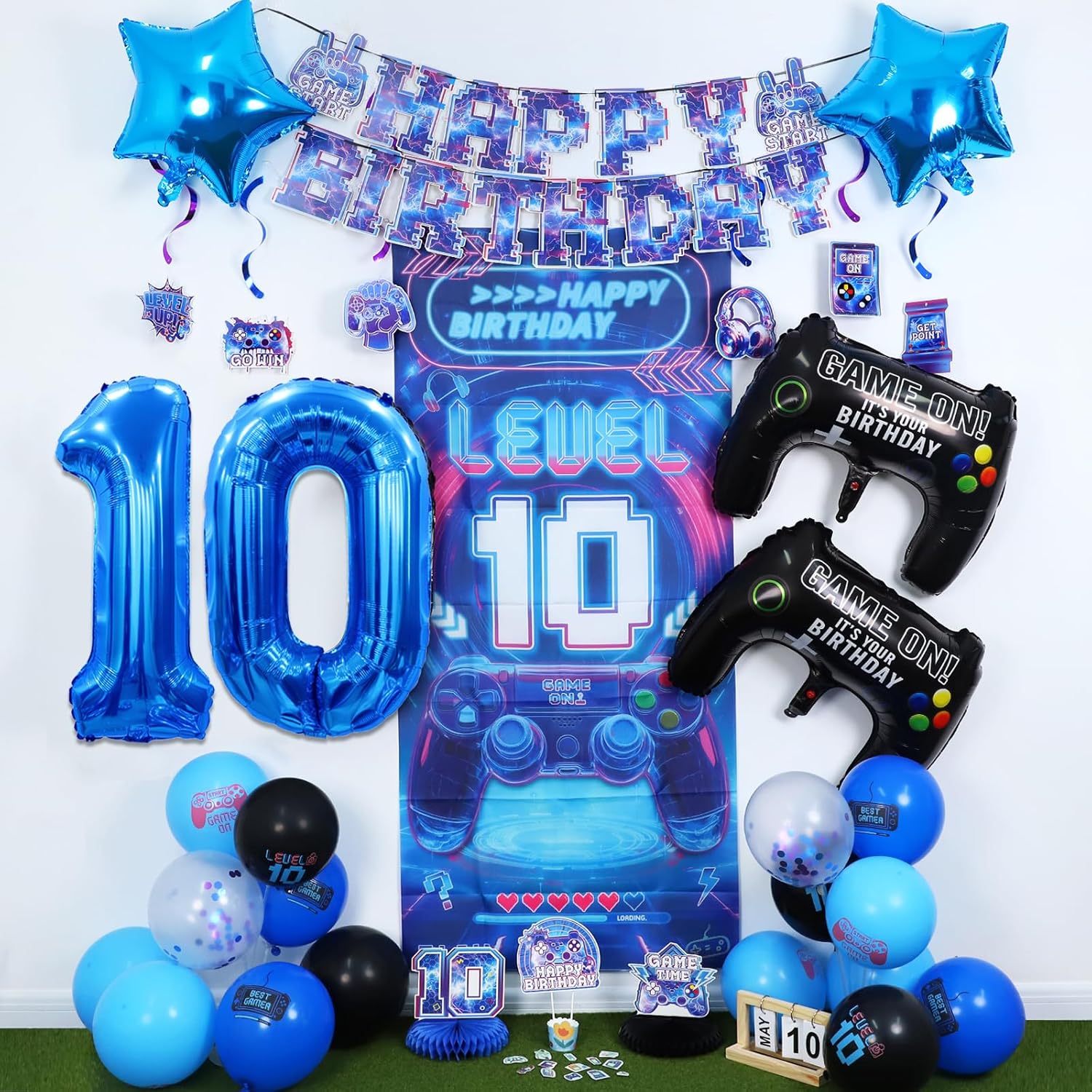 10th Birthday Decorations for Boys, Video Game Level 10 Birthday Decorations Include Banner Backdrop Sash Honeycomb Centerpieces Hanging Swirls Stickers Cake Topper for Gamer Party Supplies - Image 7