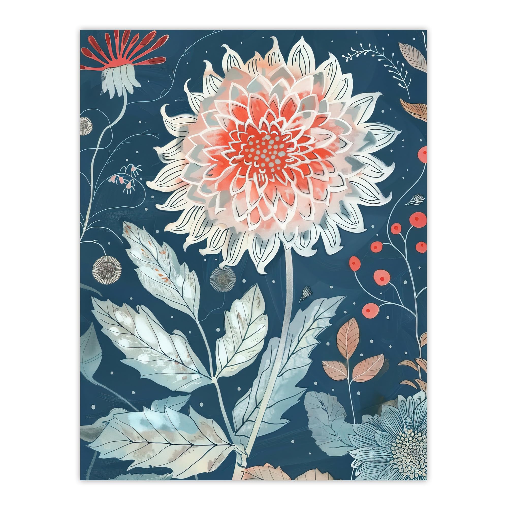 Artery8 Single Red Dahlia Flower Blue Botanical Artwork Living Room Large Wall Art Poster Print Thick Paper 18X24 Inch