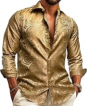 Barry.Wang Men's Floral Button Up Shirts Silk Long Sleeve Dress Shirt Satin Paisley Casual Party Wedding Western Prom Costume