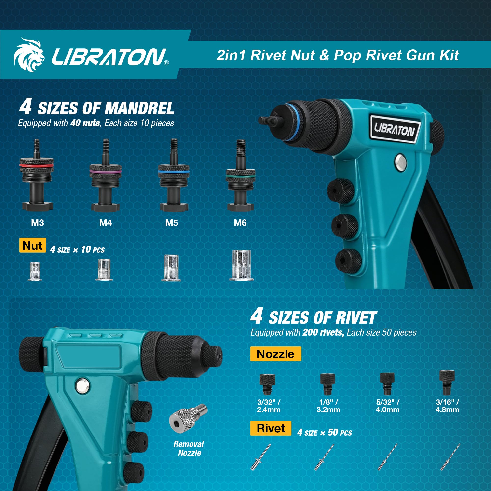 LIBRATON Kit de Remachadora de Tuercas y Remaches 2 en 1, con 4 Mandriles (M3-M6), 4 Boquillas (2.4-4.8mm), 40 Tuercas y 200 Remaches, Remachado Ajustable para Bricolaje y Reparaciones, con Caja