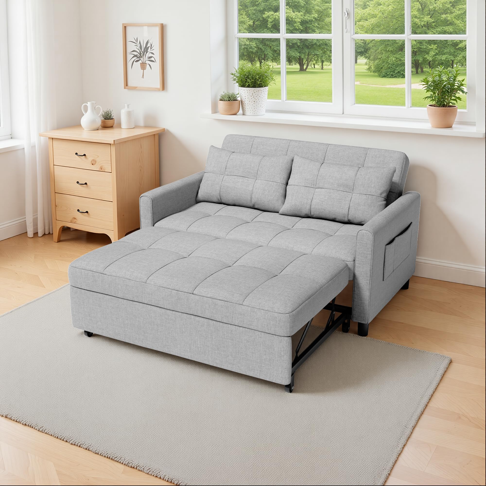 Divano Letto 2 Posti 3 in 1,Divano Matrimoniale Prontoletto Estraibile con 2 Guanciali e Tasche Laterali per Soggiorno, Camera da Letto o Ufficio,132X80X90cm,Grigio chiaro