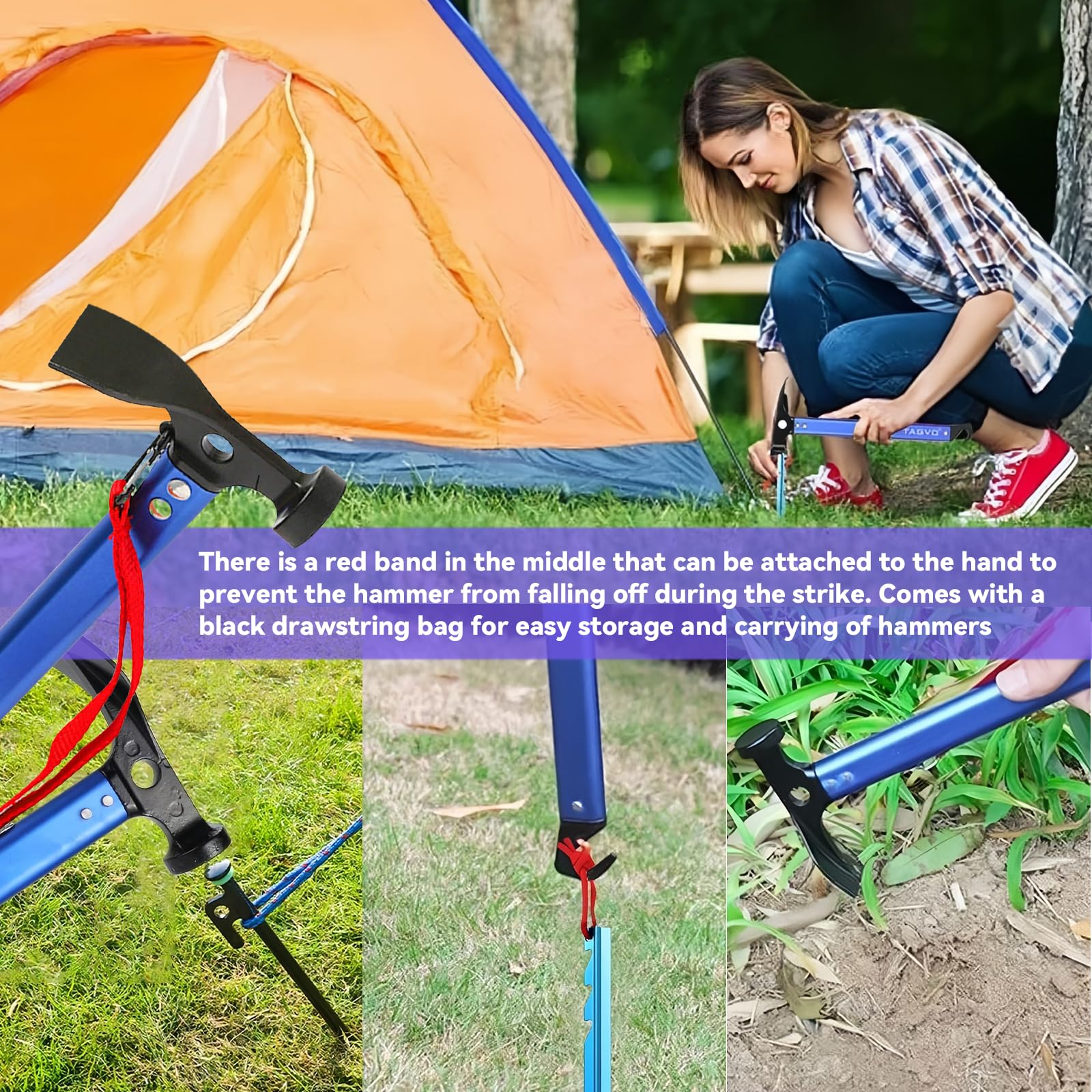 Marteau de camping, 30,5 cm, avec crochet et mini houe, marteau en aluminium, marteau de camping d'extérieur, multifonctionnel, avec sac de rangement, bleu