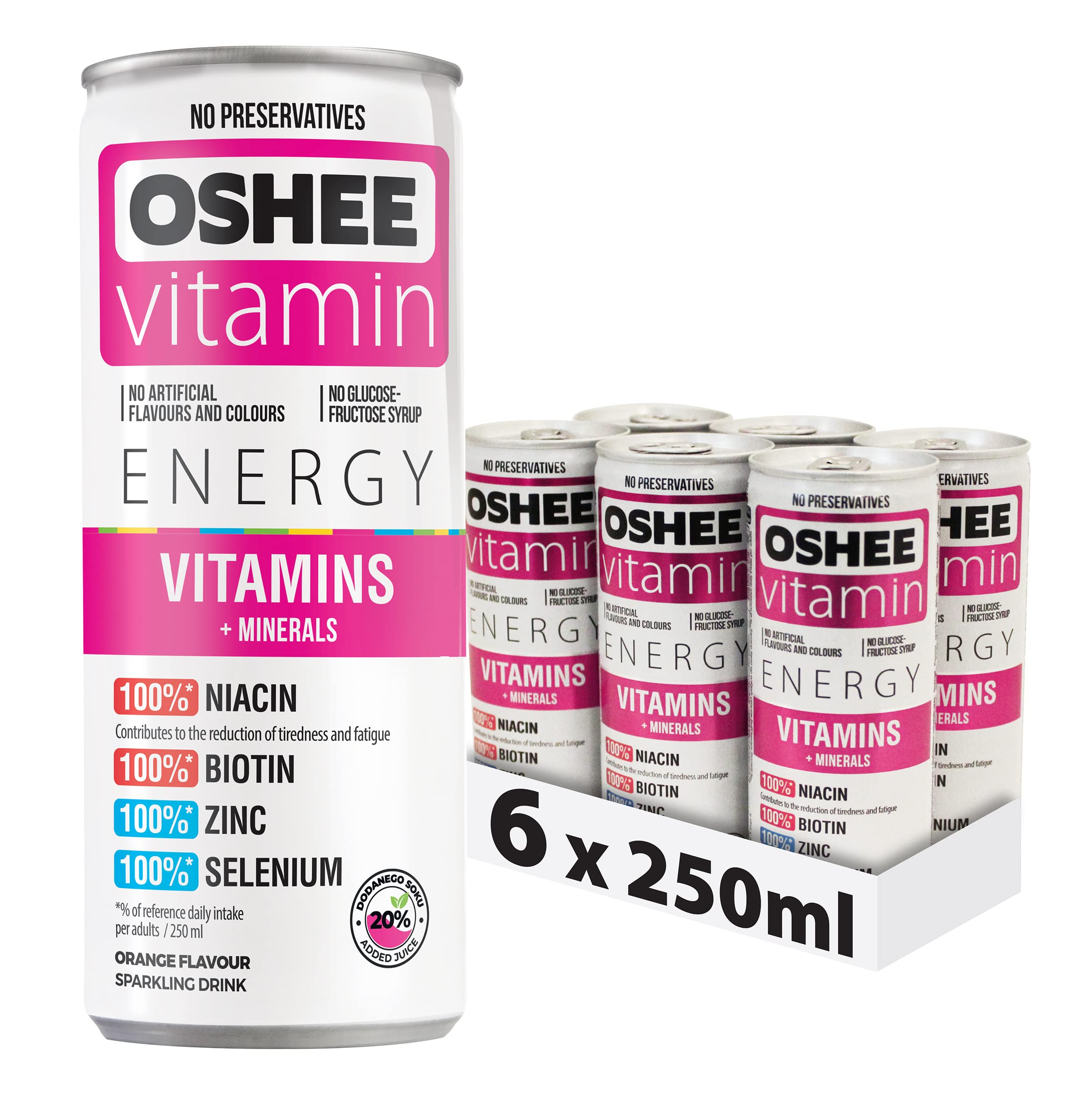 Oshee Vitamin Energy Formula 250ml Vitamins + Minerals (Pack of 6) - Niacin, Biotin, Zinc, Selenium - Multipack - Packaging may Vary