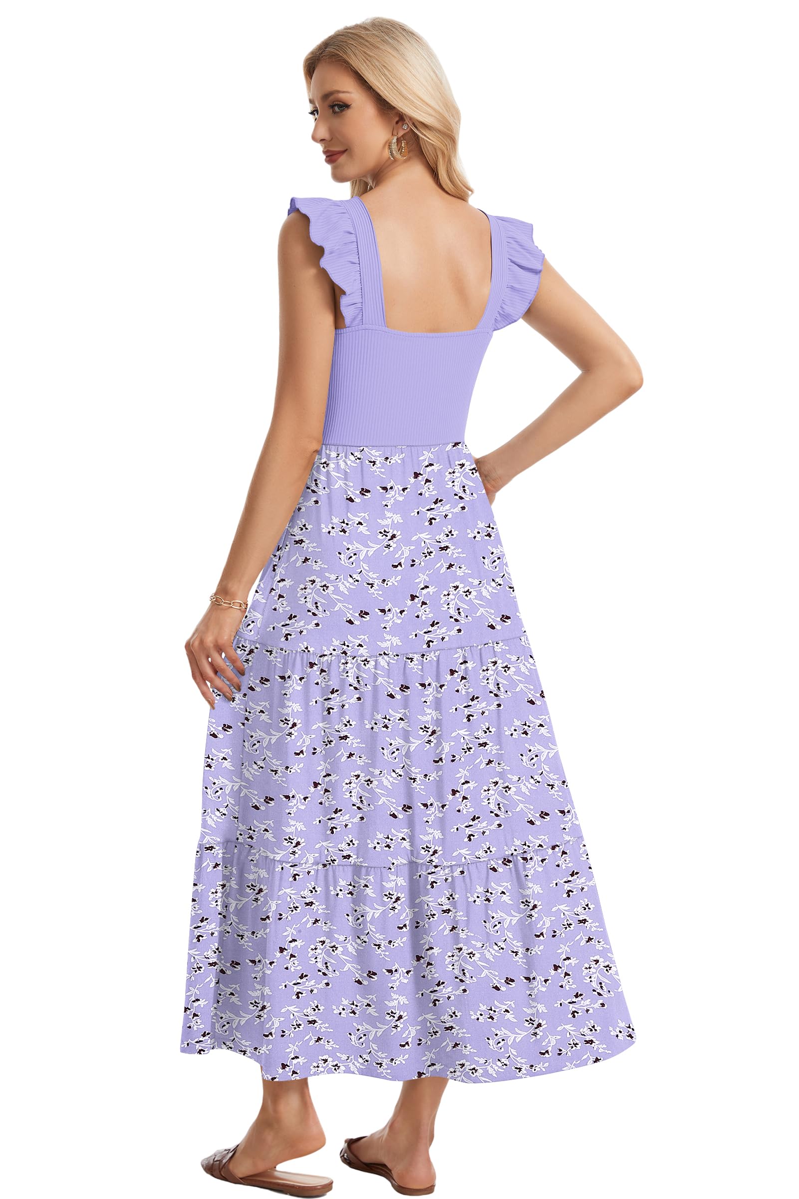 AUSELILY Vestido Maxi Verano Escote Cuadrado Volantes Sin Mangas Bolsillos