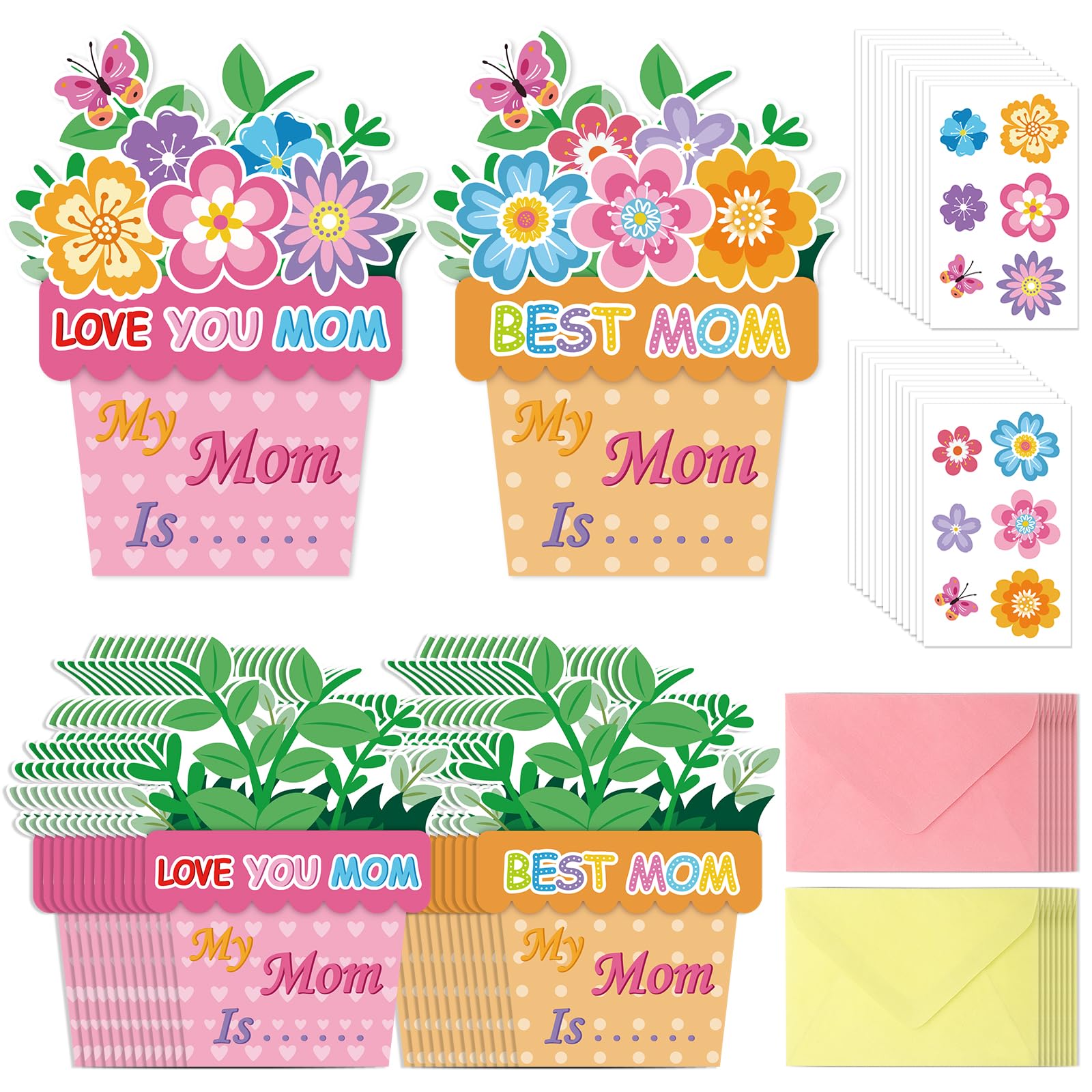 Sereliy 24 Set Mother's Day Card Making Kits for Kids, Mother's Day Flower DIY Greeting Card with Envelopes,Bulk Mothers Day Handmade Crafts for Classroom.(Flowerpot 24)