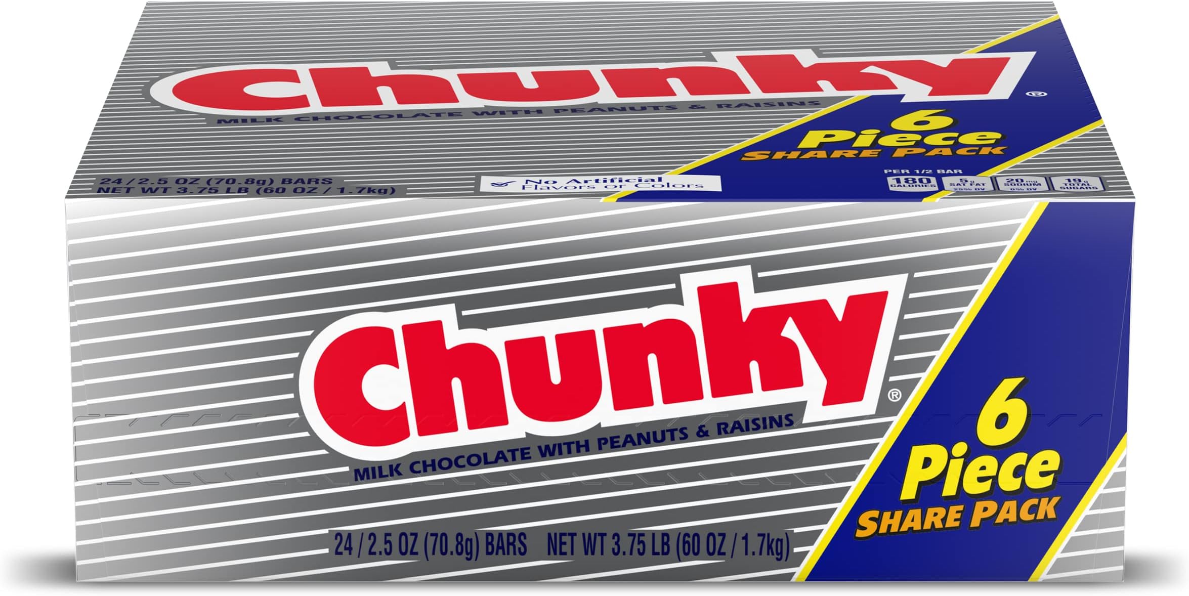 Chunky, Milk Chocolate with Peanuts and Raisins, Individually Wrapped Candy Bar, Share Pack 2.5.oz each, Bulk 24 Pack
