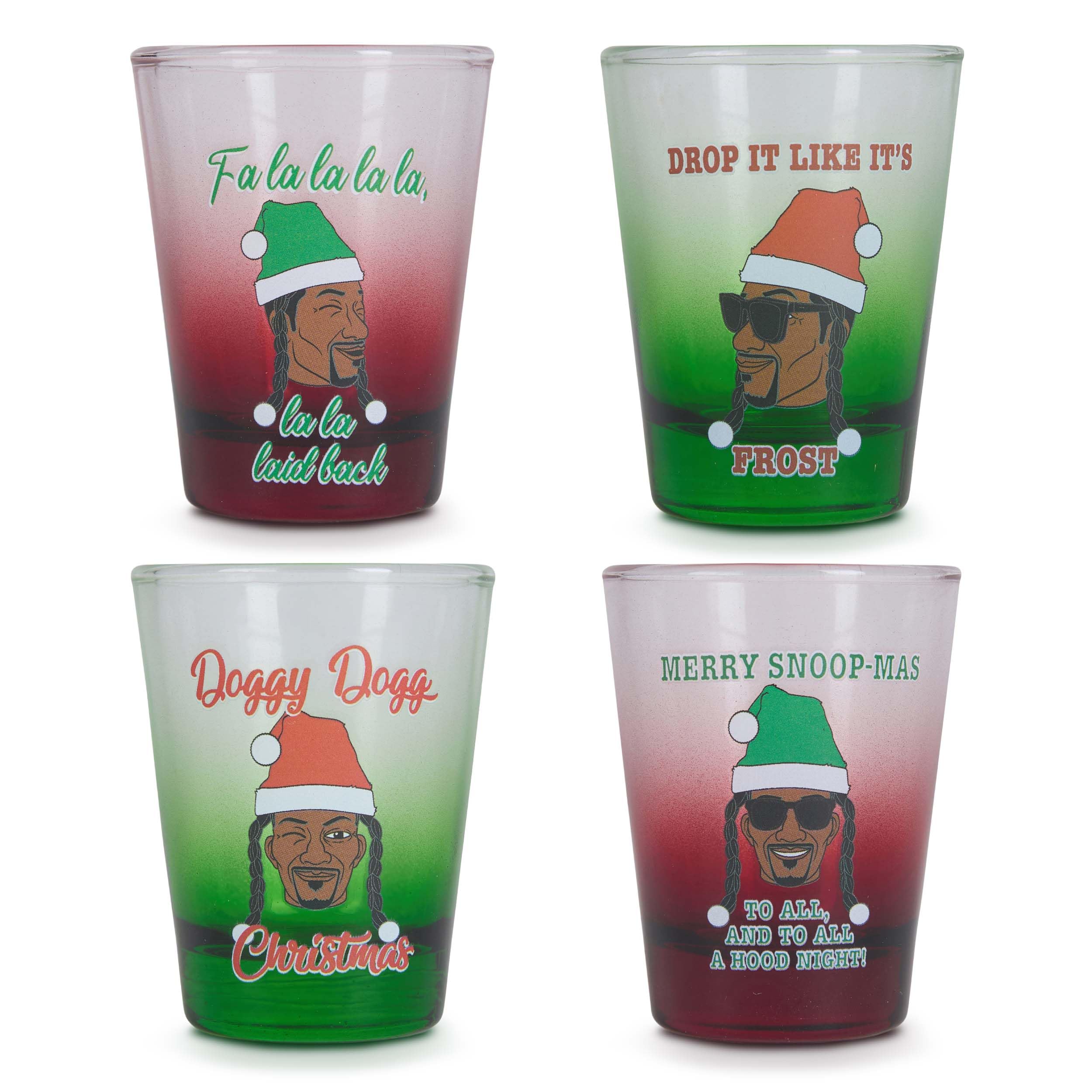 Snoop Dogg Christmas Funny Shot Glasses Set of 4-2 oz Holiday Whiskey and Tequila Shot Cups, Snoop on the Stoop, Secret Santa Collectible, White Elephant Stocking Stuffer Gift