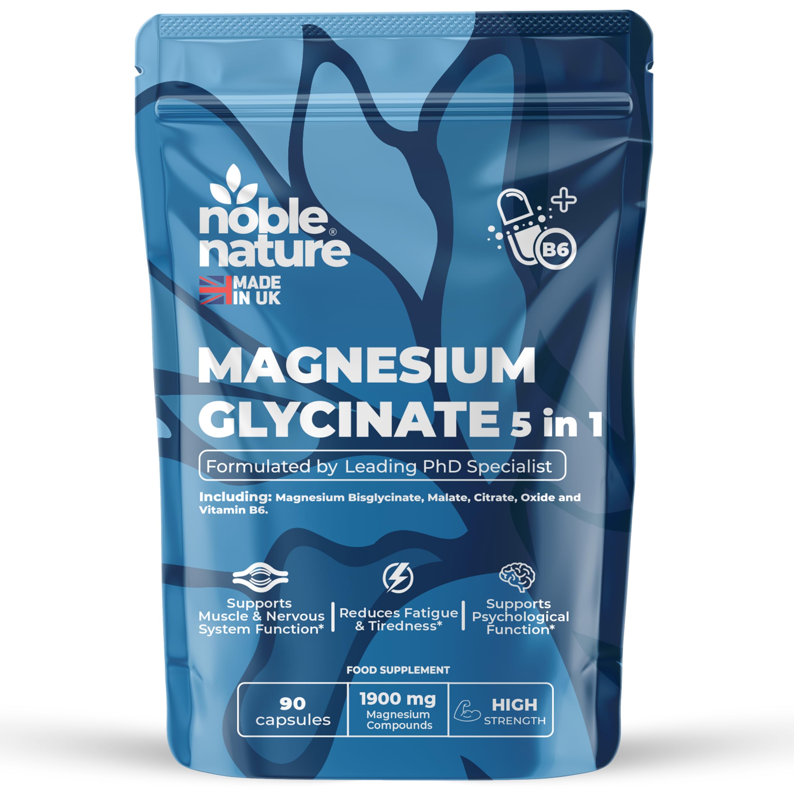 Magnesium Glycinate 5-in-1 Complex Formulated by PhD Expert High Strength 1900mg Supplements as Bisglycinate, Malate, Citrate, Oxide & Vitamin B6-90 GMO Free Capsules, 384mg Elemental, UK Made (90)