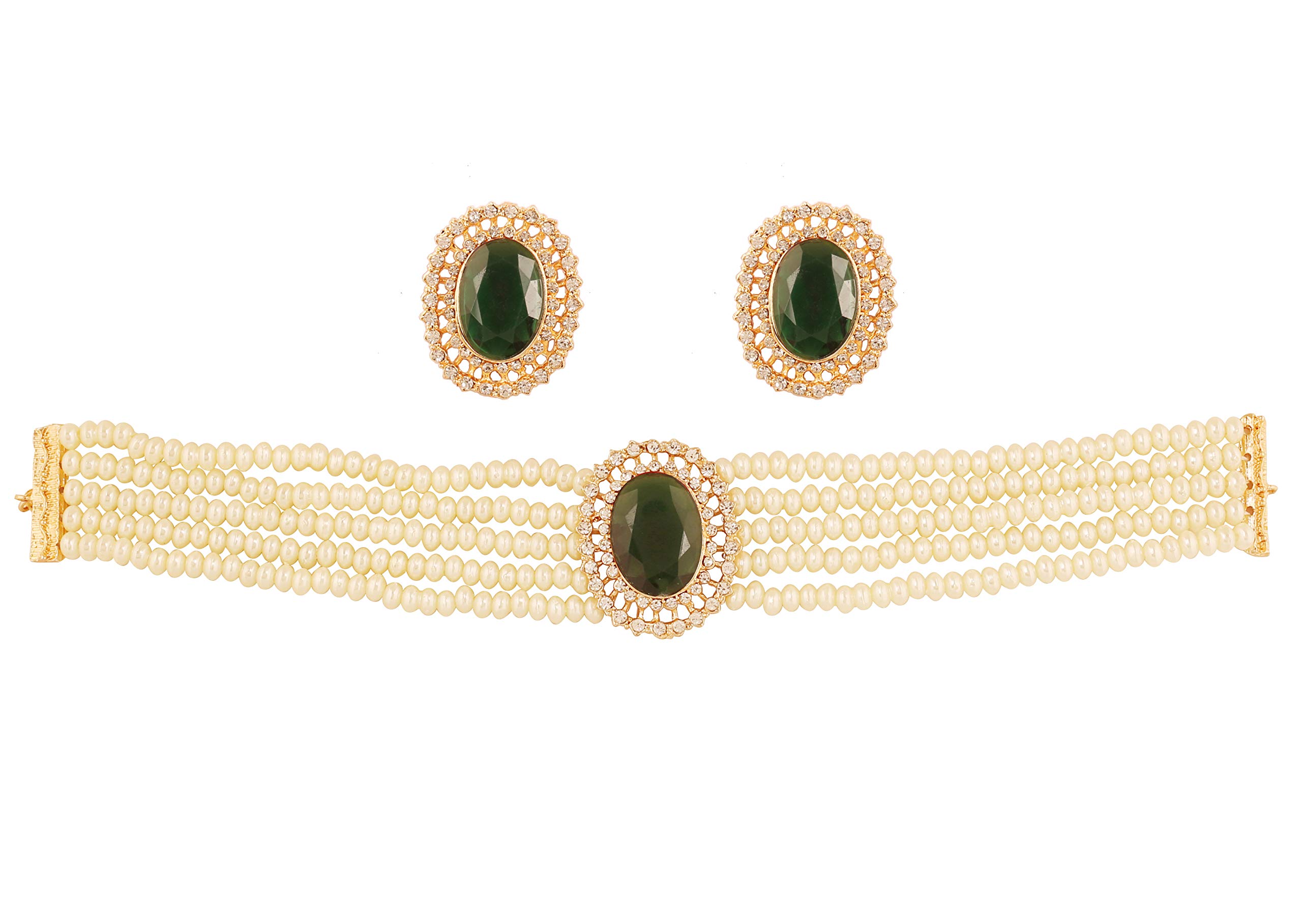 Touchstone Alloy and Rhinestone, Emerald Pearls Choker Necklace for Unisex - Adult's & Child's