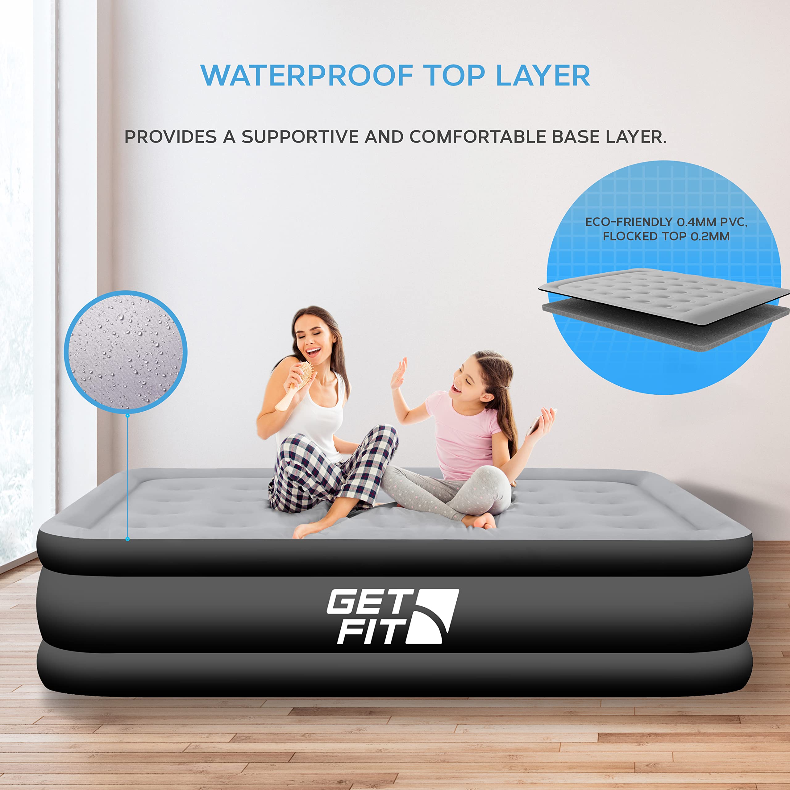 Get Fit Air Bed with Built In Electric Pump - Premium Double Size - Blow Up Bed with 2 x Free Pillows - Elevated Inflatable Air Mattress for Outdoor, Camping, Tents - Black/Grey