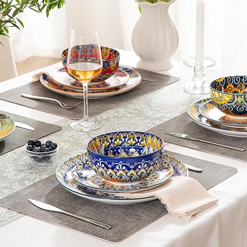 Miniatura 5 de Sweejar Juego de vajilla de cerámica para 4, 12 piezas, platos y cuencos bohemios para cocina, regalo de hogar, juego de platos de estilo bohemio,