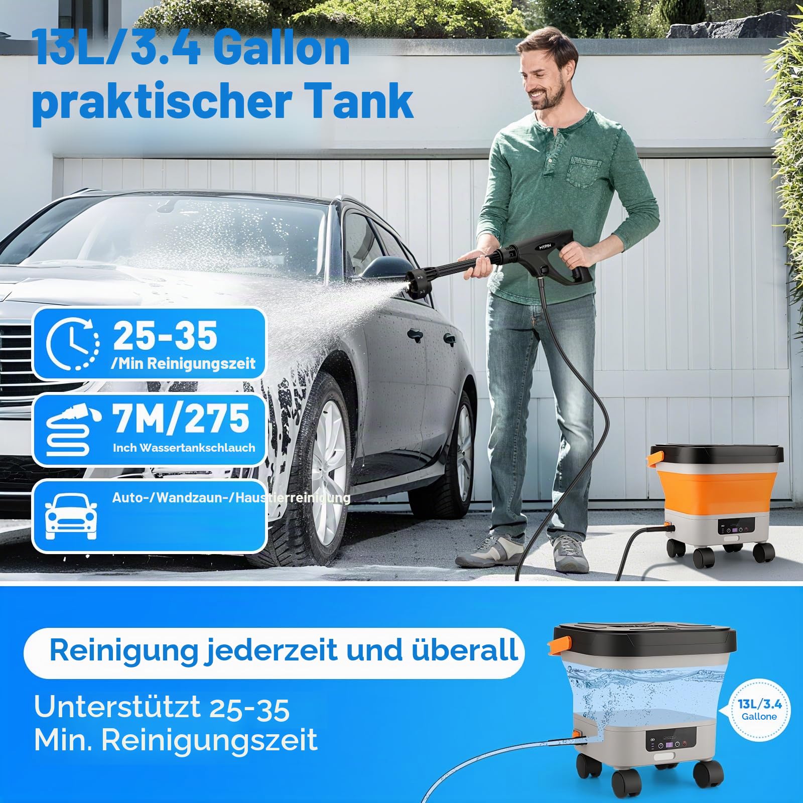 MYPIN klappbarer kabelloser Hochdruckreiniger 3.4Gallon Tank, 6-in-1 Düse, 7 einstellbare Druckstufen, Max 660 PSI, 7M Schlauch, Sprühreiniger mit Rädern für Auto Boden Wand Zaun, Haustier Reinigung