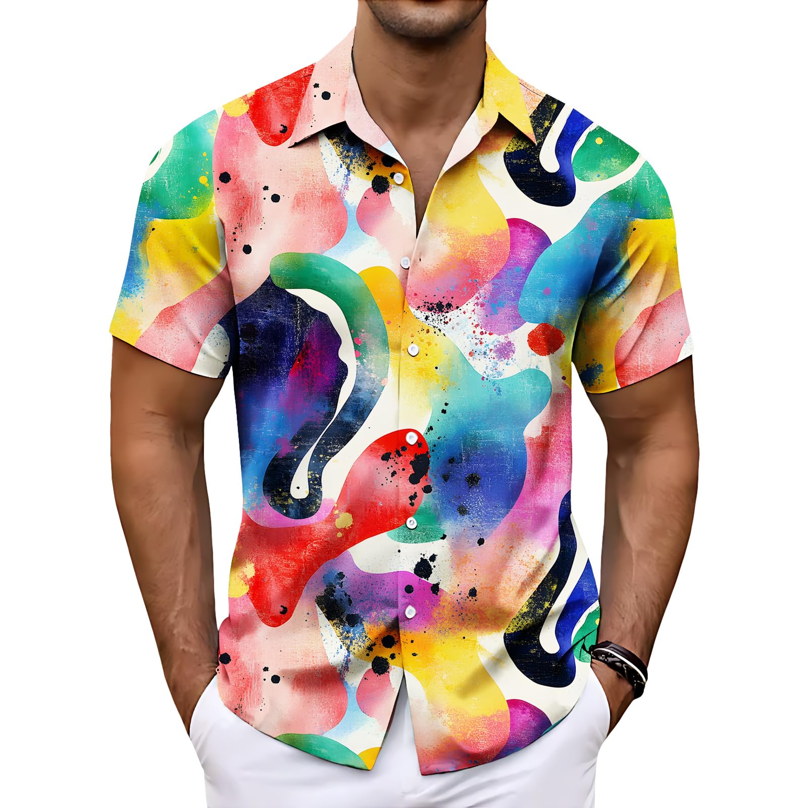 Men's Button Down Shirts Casual Loose Fit Graffiti Short Sleeve Blouses Summer Beach Vacation Shirts