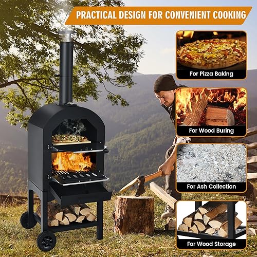 Miniatura 4 de Happygrill Horno de pizza al aire libre con 2 ruedas, termómetro integrado, piedra para pizza, cáscara de pizza, cubierta impermeable, calentador de