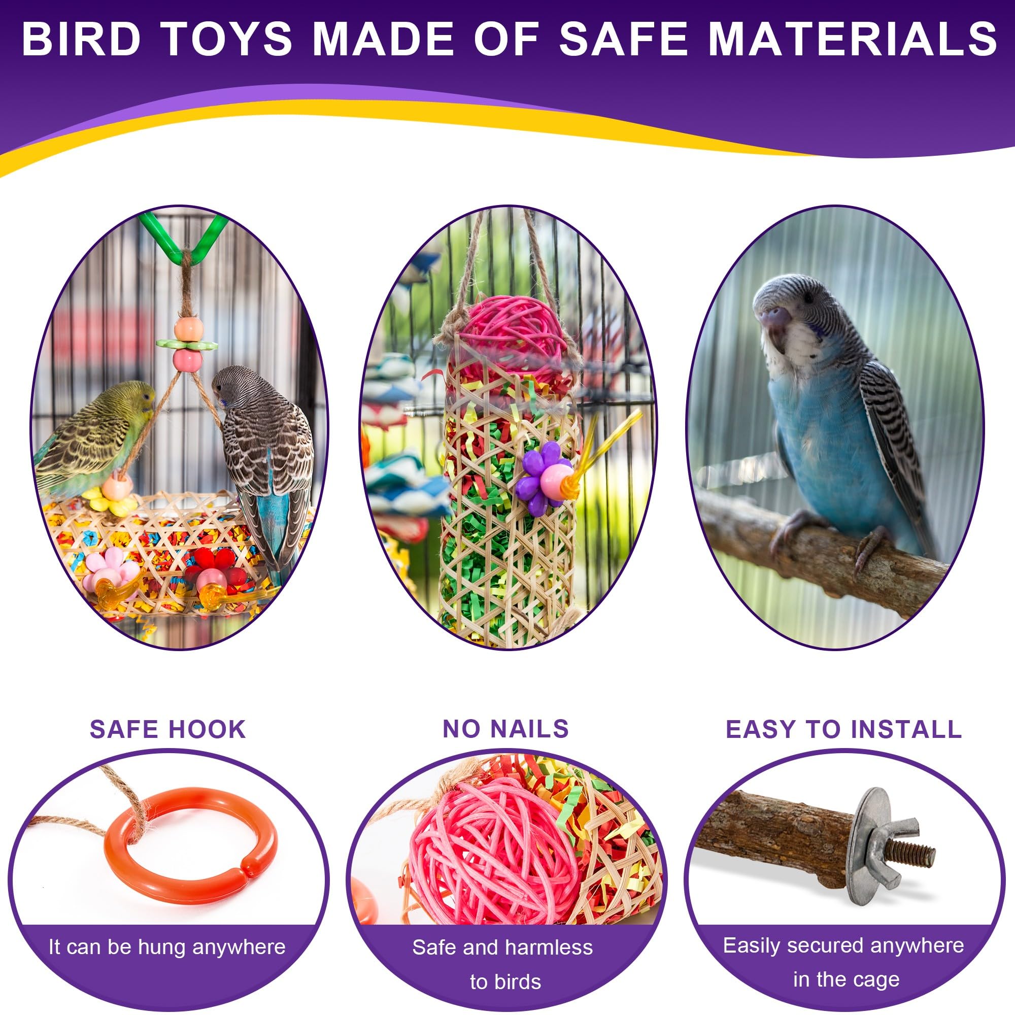 PUPUAMO Bird Parakeet Toys 8 Pack - Parrot Cage Accessories Chew