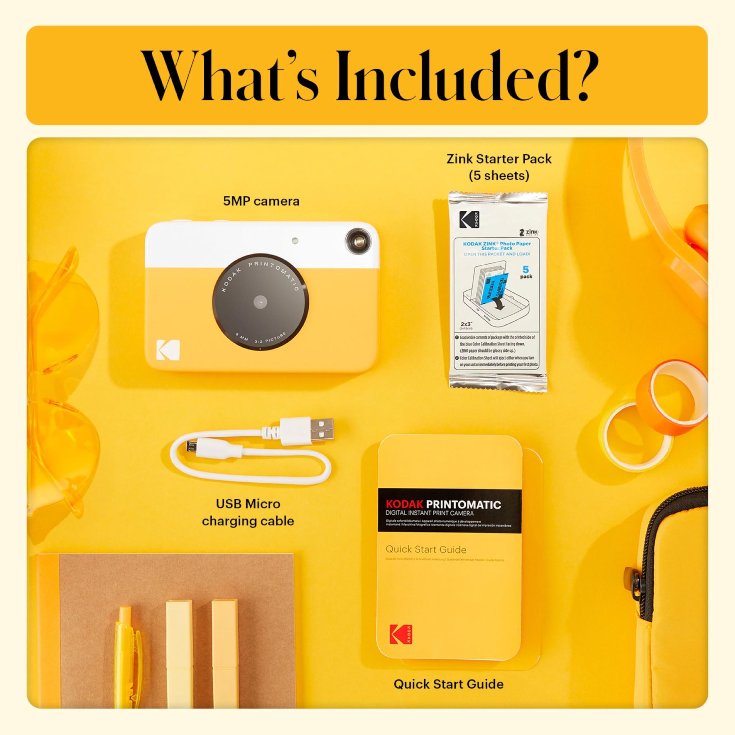 KODAK Printomatic Pacchetto iniziale per macchina fotografica a stampa istantanea a colori + Custodia morbida + Carta fotografica Zink da 20 pezzi - Foto colorate su carta adesiva 2x3" - Giallo