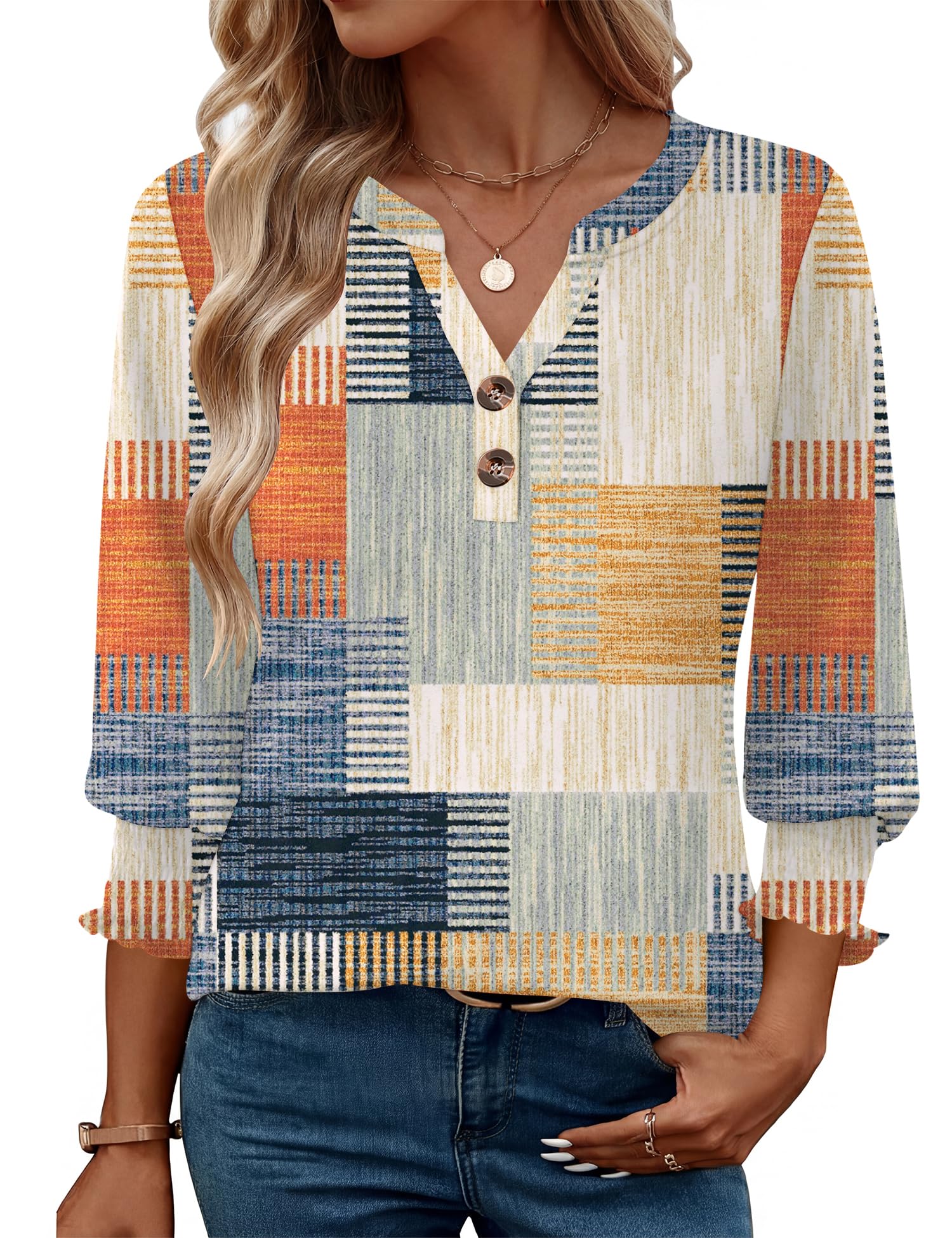 Rapbin Damen Bluse 3/4 Arm V-Ausschnitt Oberteile Knopfleiste Tunika Elegant Lässig Business Blusen Sommer Tops