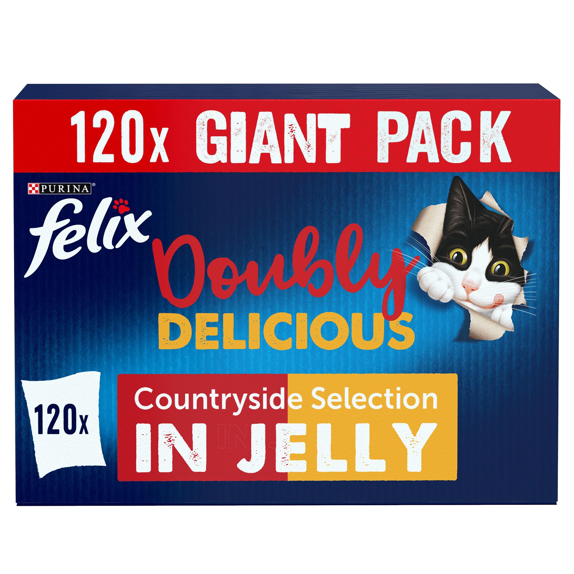 FELIX Doubly Delicious Adult Wet Cat Food Countryside Selection in Jelly Beef, Poultry, Chicken, Kidney, Lamb, Turkey, Liver 120 x 85g Pouches