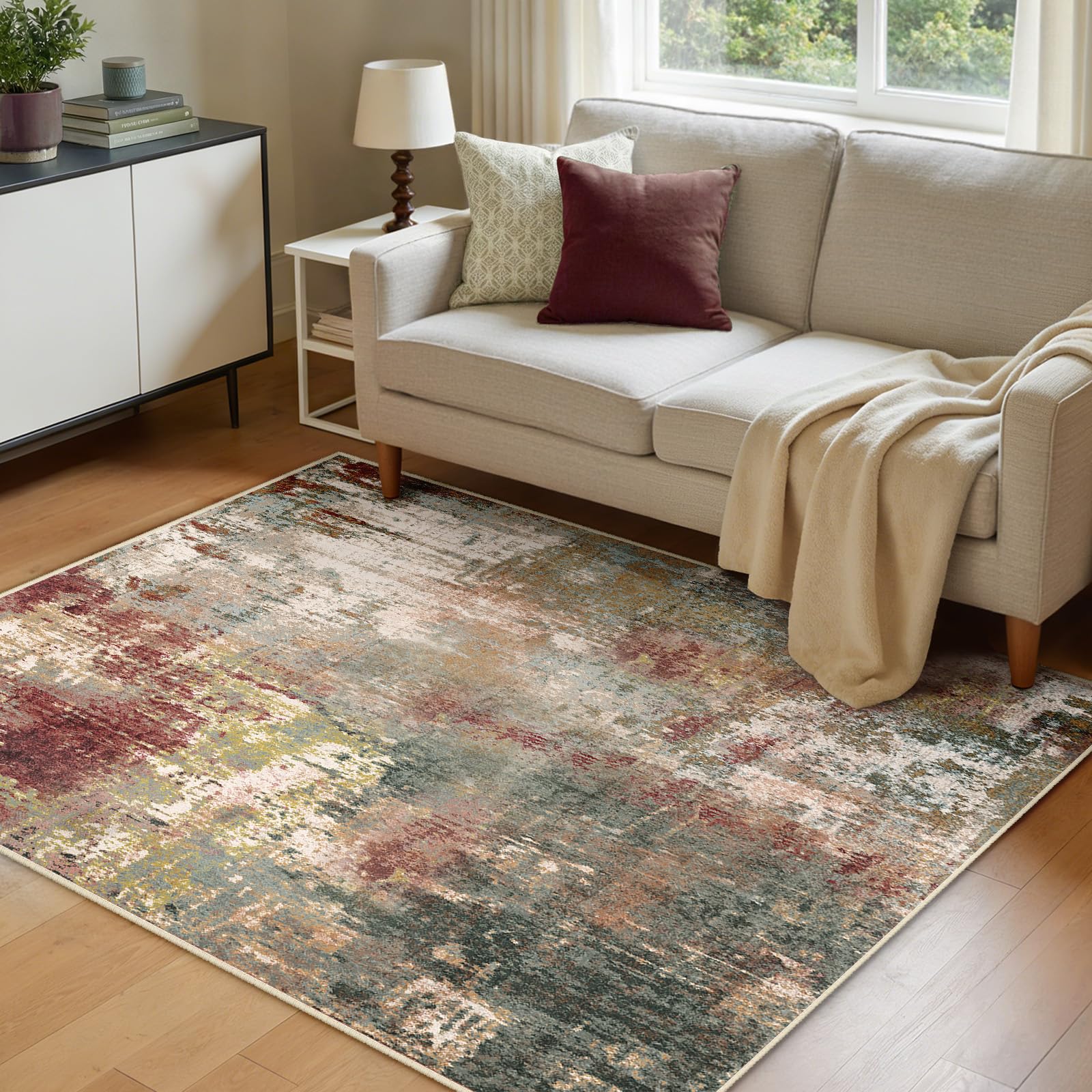 INOVADAY Washable Rugs Living Room 120x180 cm Modern Abstract Rug with Soft Low Pile Vacuum Friendly Non Slip Backing Minimalist Carpet for Lounge Bedroom Dining Room Home Office Red Brown โ image 1