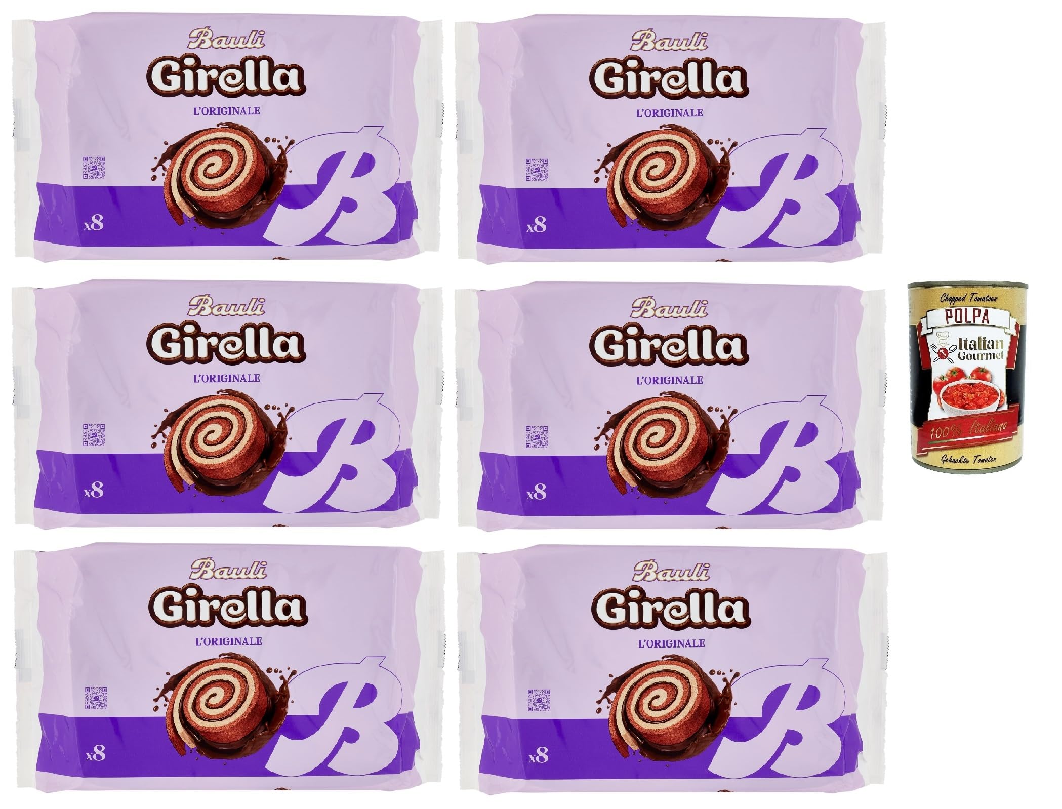 Bauli, Girella Spirale al Cioccolato, Kuchen Süßer Snack Backwaren mit Kakaofüllung, Ohne Konservierungsstoffe und Farbstoffe mit nur natürlichen Aromen 6x 280g + Italian Gourmet polpa 400g