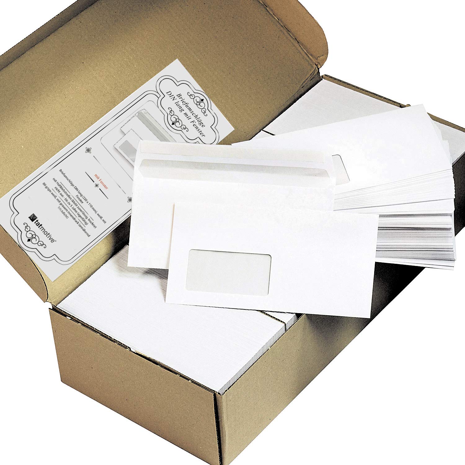PREMIUM 1.000 Briefumschläge DIN lang mit Fenster, kein Austrocknen durch Abziehstreifen 220 x 110 mm, 80 g/qm
