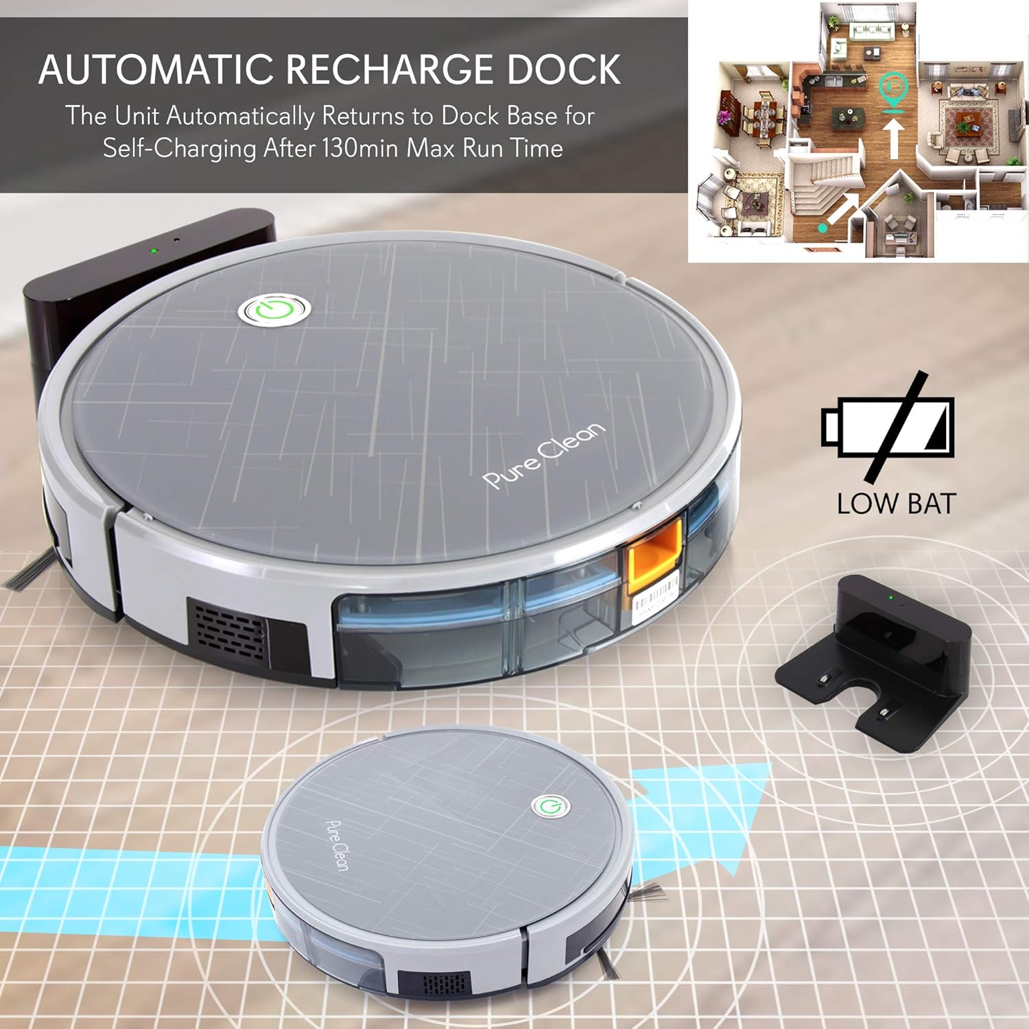 Image showing the PURE CLEAN Robotic Vacuum Cleaner automatically returning to its charging dock, with a floor plan overlay indicating its path.