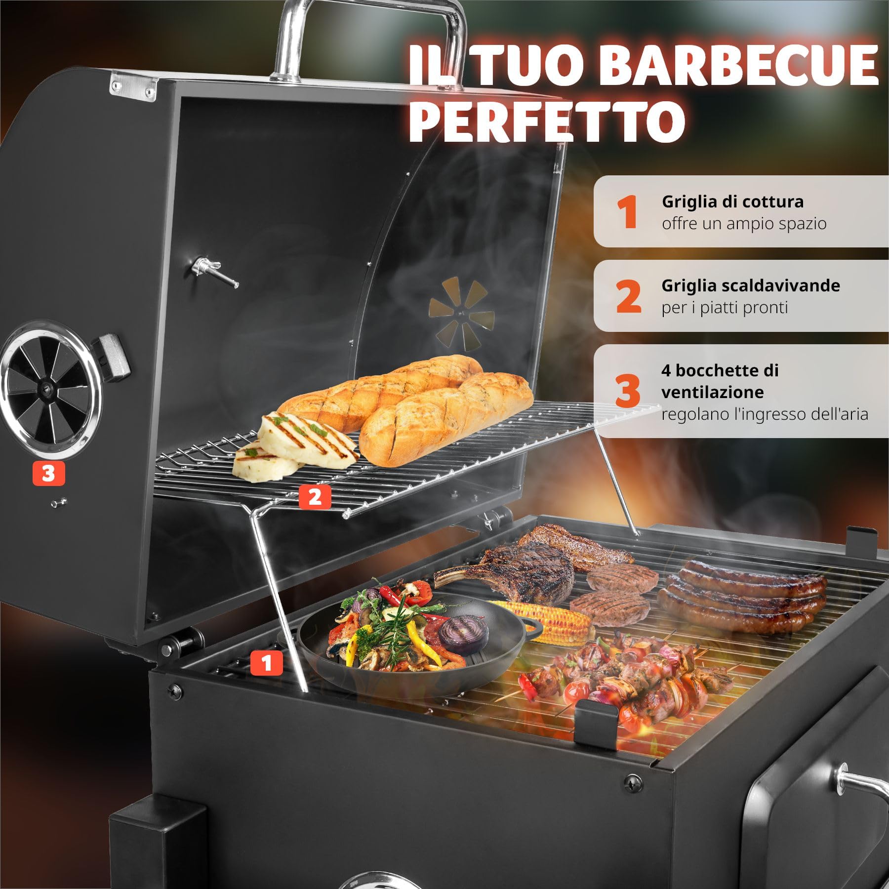 Barbecue A Carbone Con Affumicatore E Termometro - Griglia Doppia, Ruote E Regolazione Aria - Foto 2