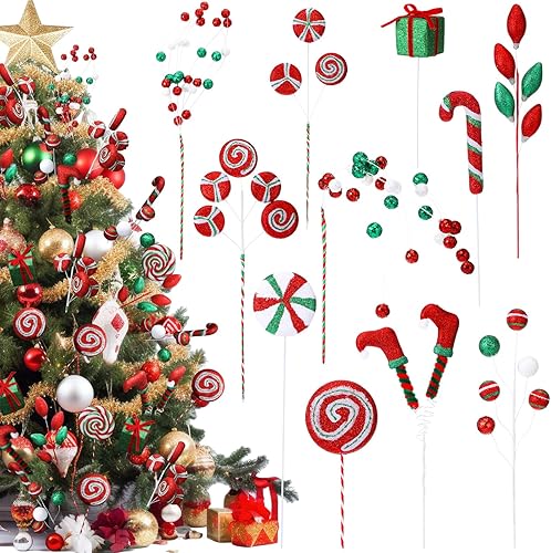 Vista 7 de Lyrow 10 púas de árbol de caramelo de Navidad de 14 pulgadas, rojo, verde, blanco, estilo clásico, Navidad, otoño, invierno, durante todo el año