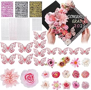 yesaior DIY Graduation Cap Decorations Kit Faux Flower Heads Graduacion 2025 Decoracion 3D Butterfly Adhesive Rhinestones Glitter Alphabet Letter Sticker for Grad Cap Decorations (Pink)