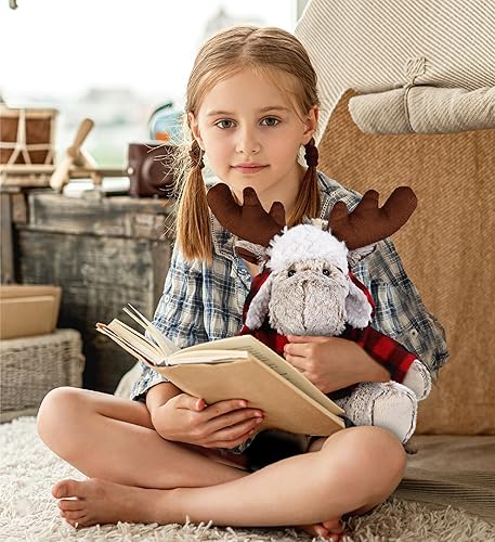 Miniatura 7 de DolliBu Disfraz de alce de felpa súper suave a cuadros rojos, suave y abrazable, adorable peluche de alce del zoológico con ropa, lindo regalo de