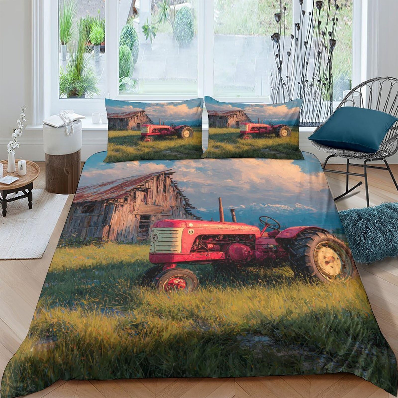 Ctjqhvkz Style-4 3D Printed Red Tractor Fitted Sheet Microfiber Farmhouse Landscape Bed Cover For Bedroom Guest Room Mattress Decor Single（135X200cm）