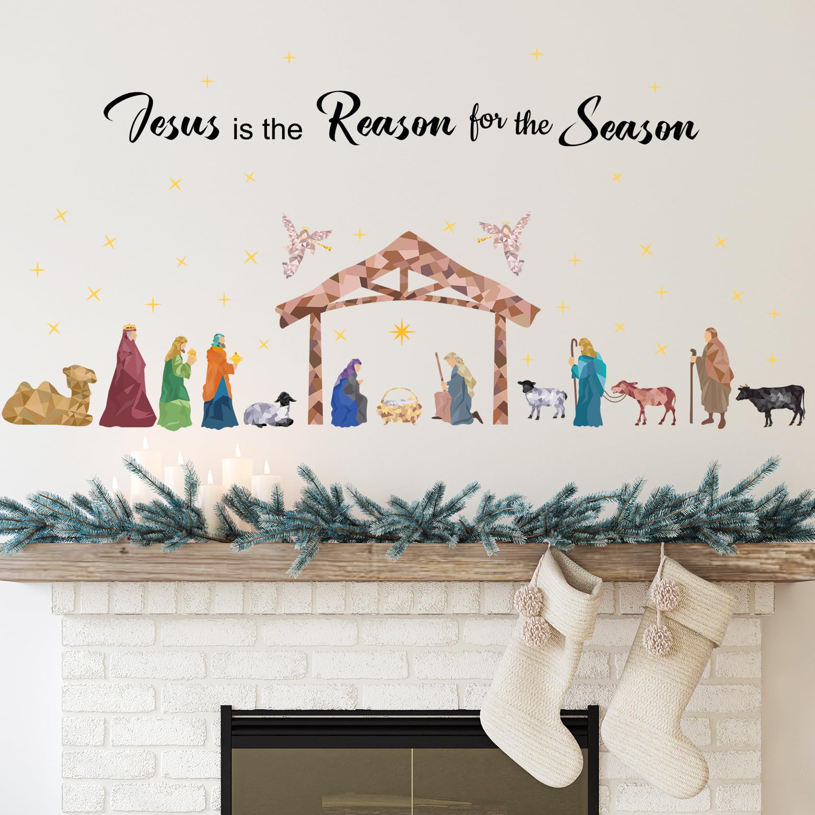 Kajaia Christmas Nativity Scene Wall Decal Stickers Large Colorful Religious Nativity Wall Stickers Christian Removable Modern Art Mural Decor for Xmas Fireplace Holiday Baby Room Living Room Bedroom