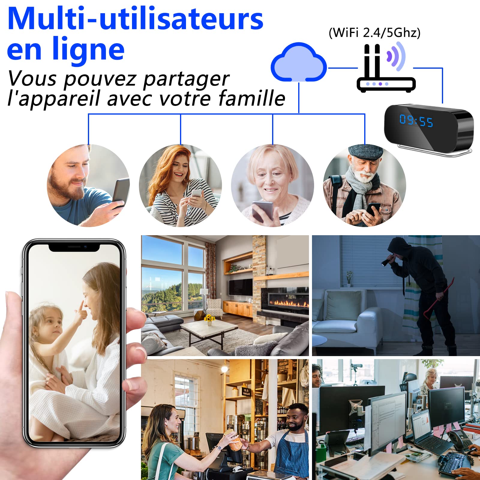 Caméra Cachée dans une Horloge, Caméra Cachée 5G WiFi, Mini Caméra Espion