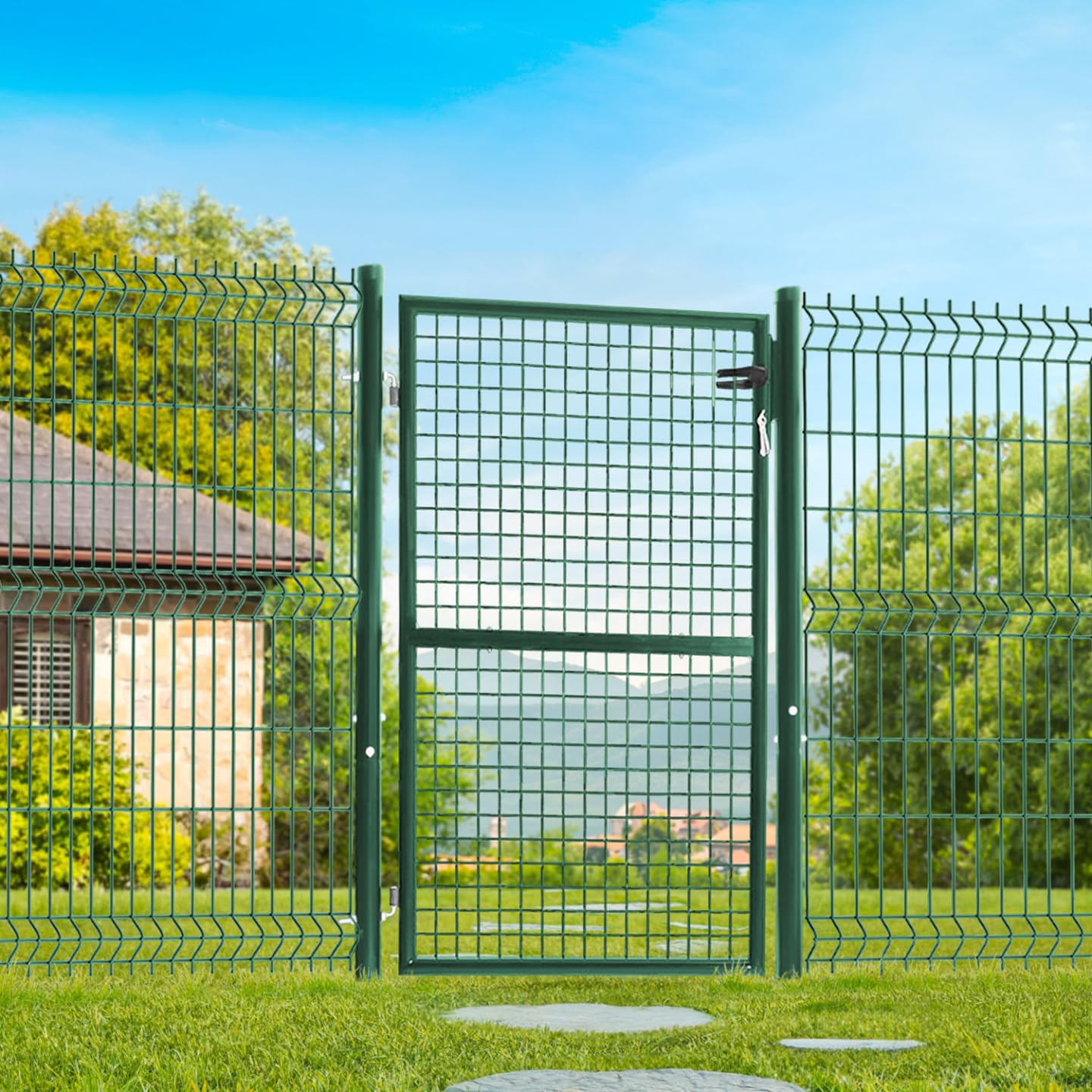IDMarket - Cancello da giardino in acciaio verde 105 x 125 cm con serratura e maniglia