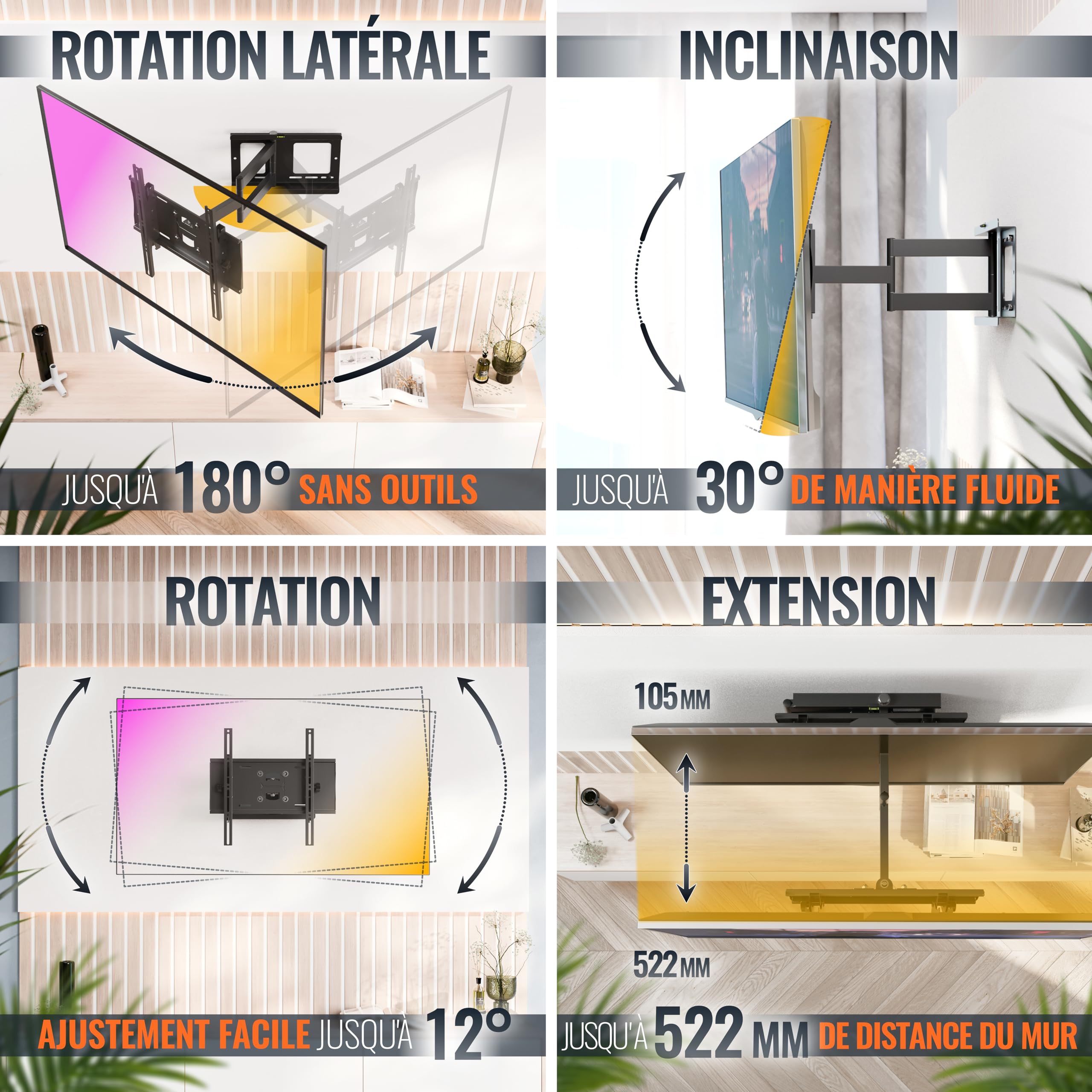 RICOO R23-S Support Mural TV 40 42 43 48 50 55 60 65 70 75 Pouces VESA 200x200 à VESA 400x400 Orientable et Inclinable Fixation Support Television Mural Max 95 Kg