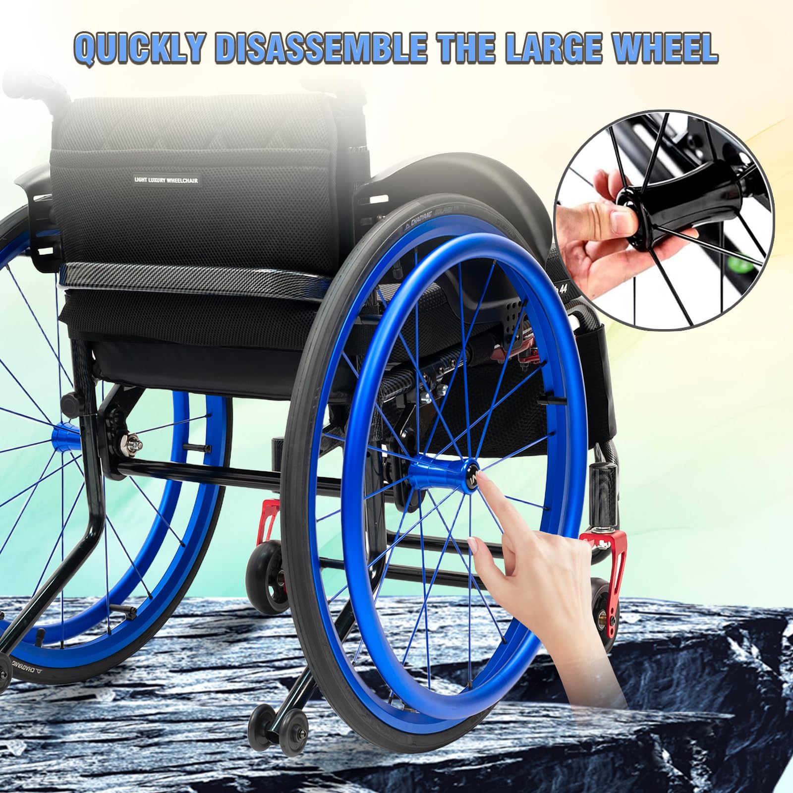 Sedia a rotelle,di transito,Alluminio,Leggera,Ruote Estraibili con Un Solo Pulsante,Robusta,Sedia a Rotelle Leggera Transito per Disabili ed Anziani(17.3in Seat Width,Blue)