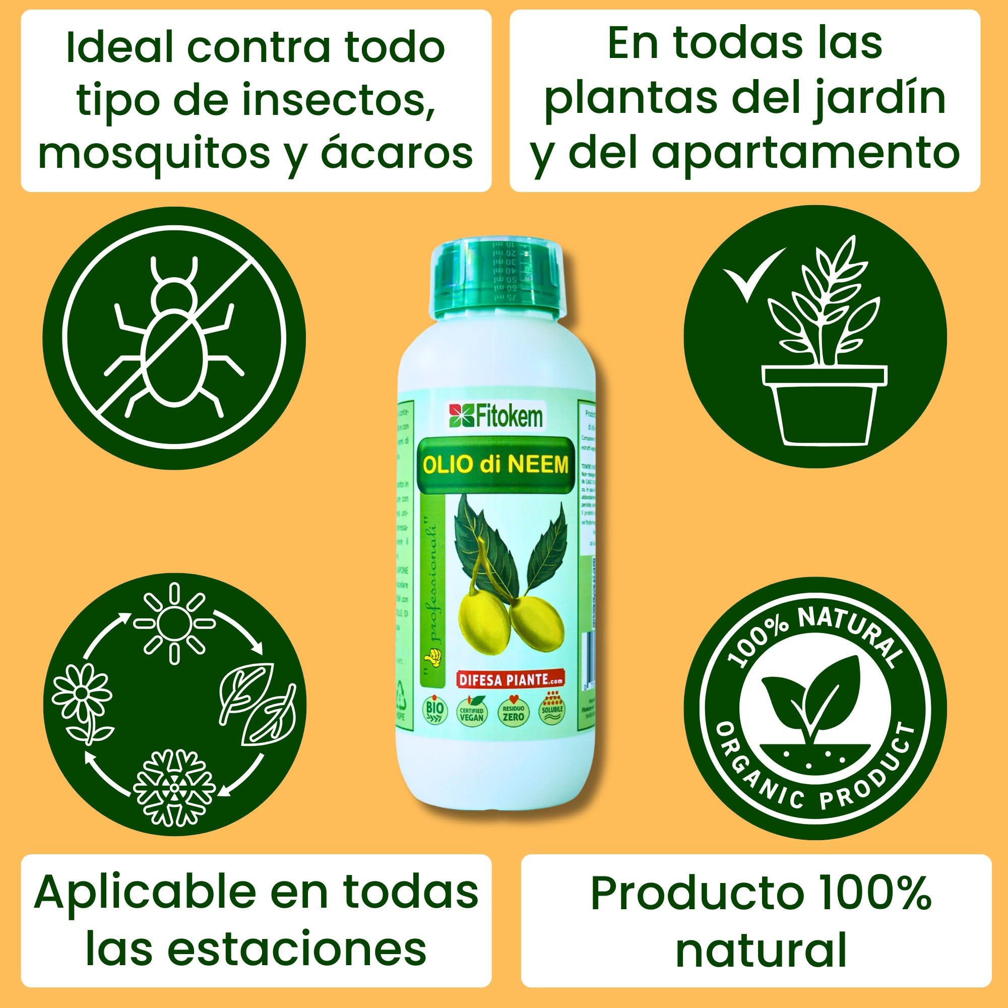 FITOKEM - Aceite de Neem para Plantas Biológico (1 Litro) Neem Oil Concentrado, Excelente Contra Adversidades Externas de Huerta y Jardín, 100% Natural No Tóxico para Plantas, Animales, Personas