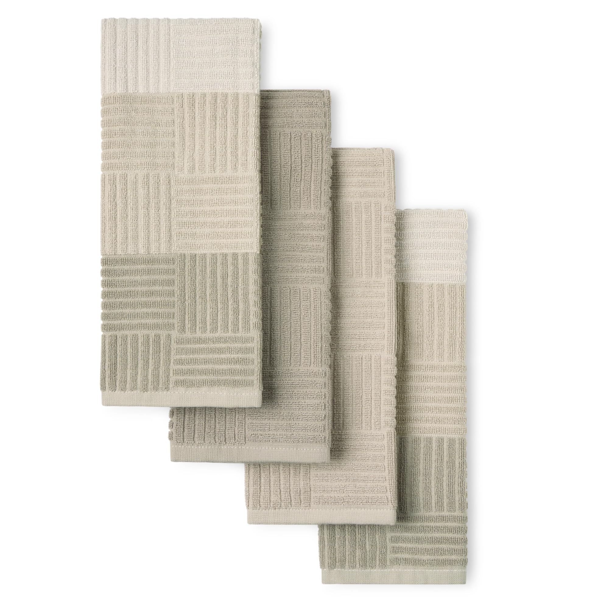 Basketweave Antimicrobial Terrycloth Kitchen Towel 4-Pack Set, Absorbent 100% Cotton, Machine Washable, Beige, 16"x28"